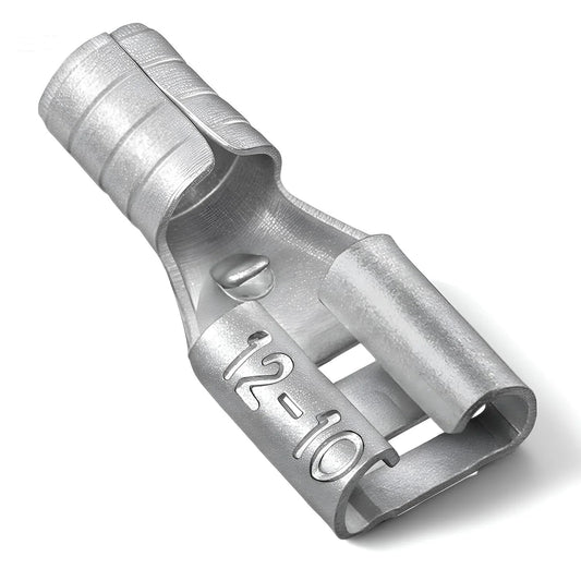 Close-up of High Temperature Female Non Insulated Spade Connectors Pro Grade 100 Pack For 12 To 10 Gauge Quick Disconnect One Quarter Inch Female Tab Wire Splice Connectors For Strong Crimps In Electrical Terminals showing 12-10 gauge size marking