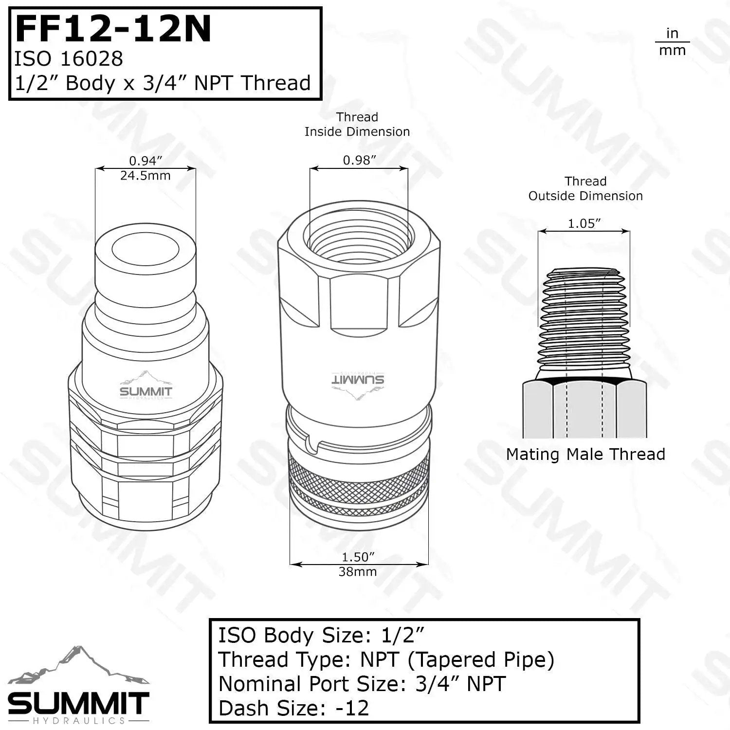 Diagram of Flat Face Three Quarters Inch NPT Hydraulic Quick Disconnect Couplers Set by Summit Hydraulics showing measurements