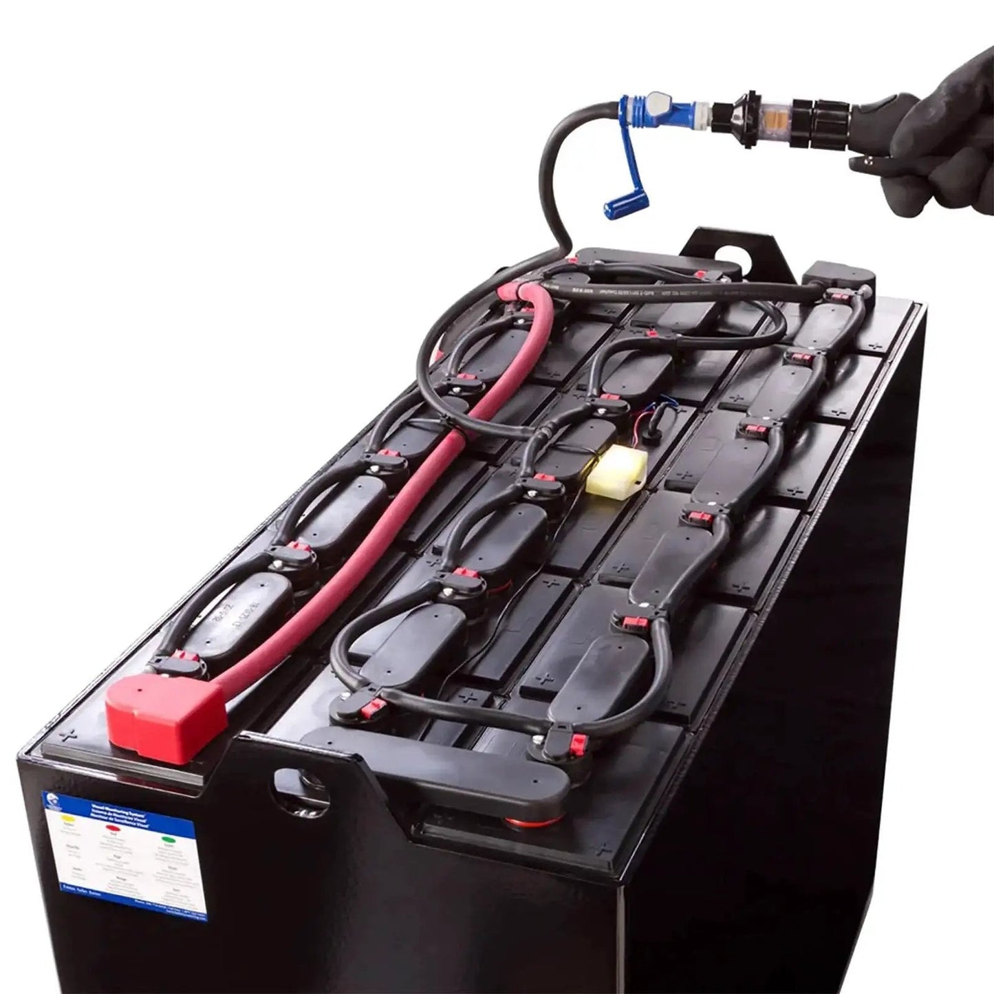 Direct Fill Link For Low Profile Battery Watering Systems With Quick Connect installed on a battery, showing hose connection.