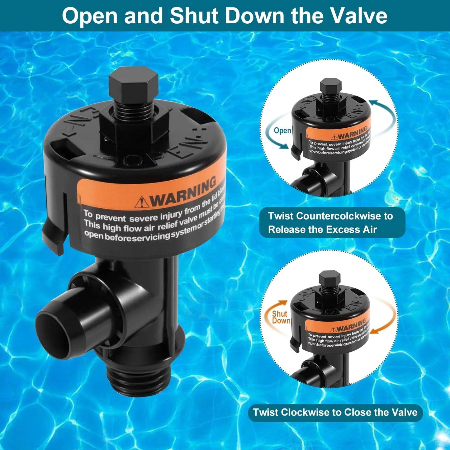 Air Relief Valve With Pool Filter Pressure Gauge 60 Psi For Quick Air Release And Accurate Pressure Readings Keeps Pool Filtration Running Smoothly Compatible With Most Pool Filters And Pumps, shown with twist mechanism instructions against a pool background.