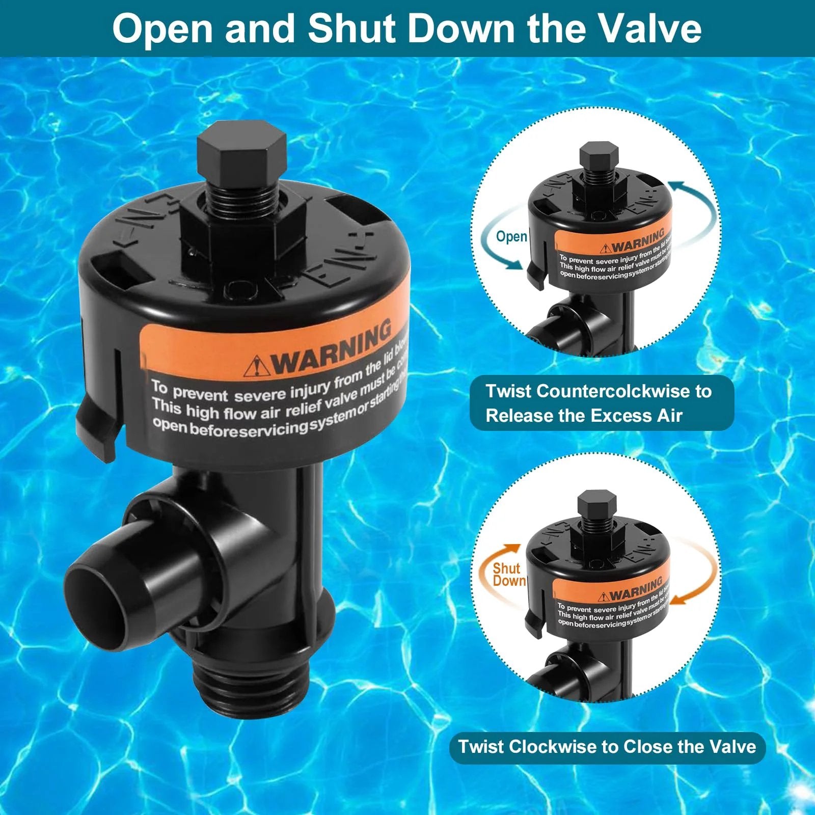 Air Relief Valve With Pool Filter Pressure Gauge 60 Psi For Quick Air Release And Accurate Pressure Readings Keeps Pool Filtration Running Smoothly Compatible With Most Pool Filters And Pumps, shown with twist mechanism instructions against a pool background.