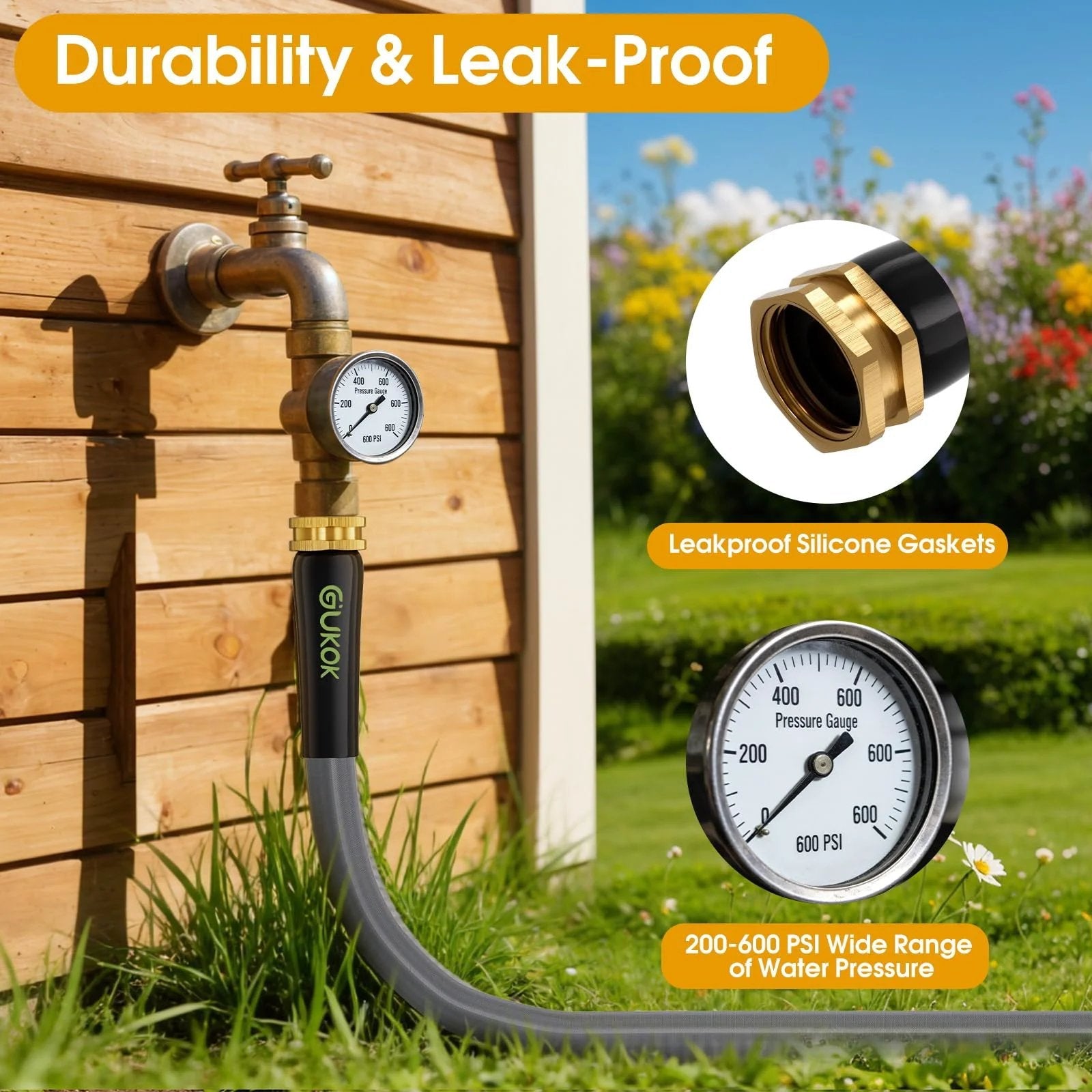 Ultra Lightweight 100 Ft Garden Hose That Is Non Expanding Burst Resistant Kink Free Easy To Maneuver High Pressure All Weather Hose For Lawns Gardens And Outdoor Cleaning connected to outdoor faucet with pressure gauge