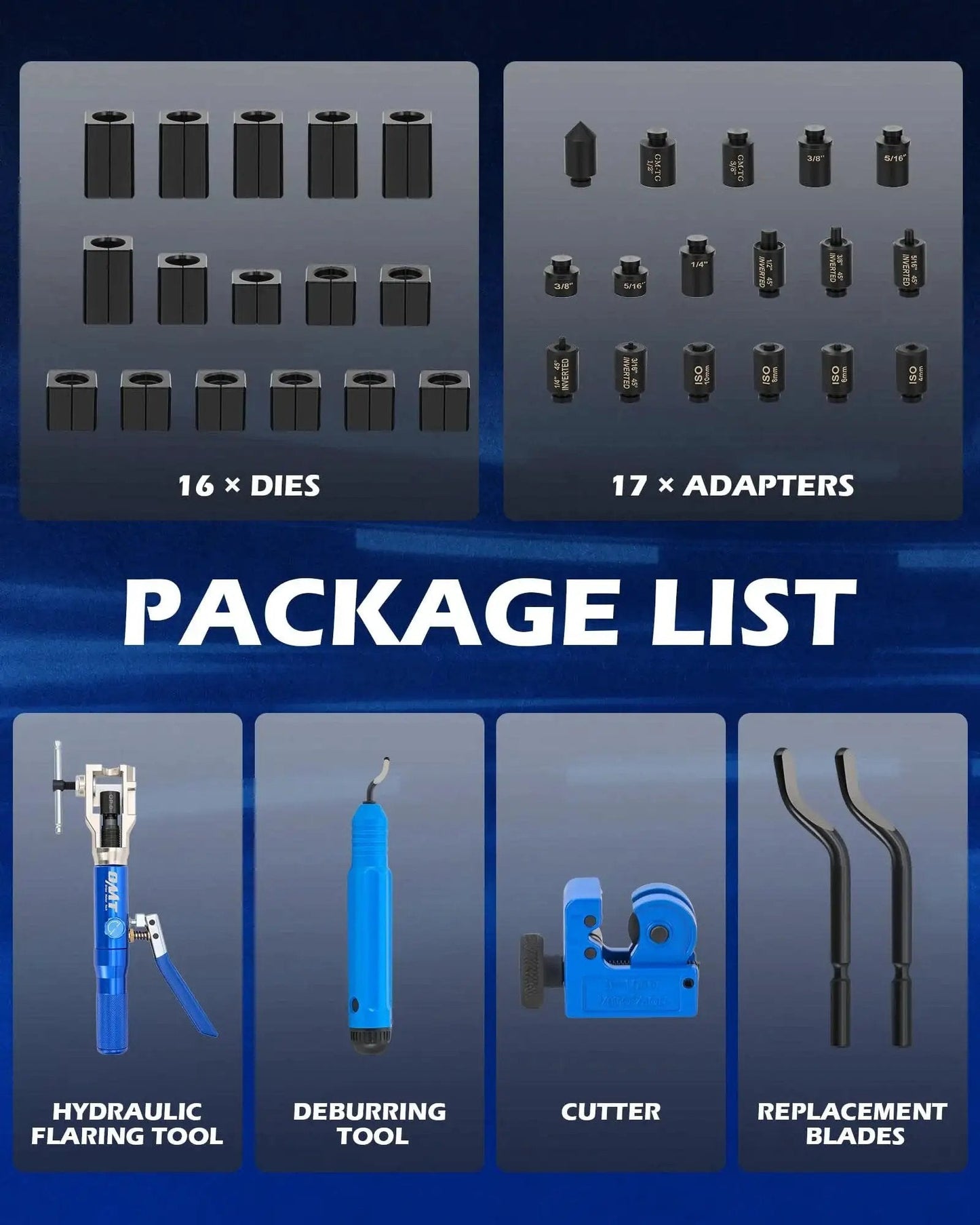 Contents of Universal Hydraulic Flaring Tool Kit With Tubing Cutter And 45 Degree ISO Flare showing dies, adapters, and tools.