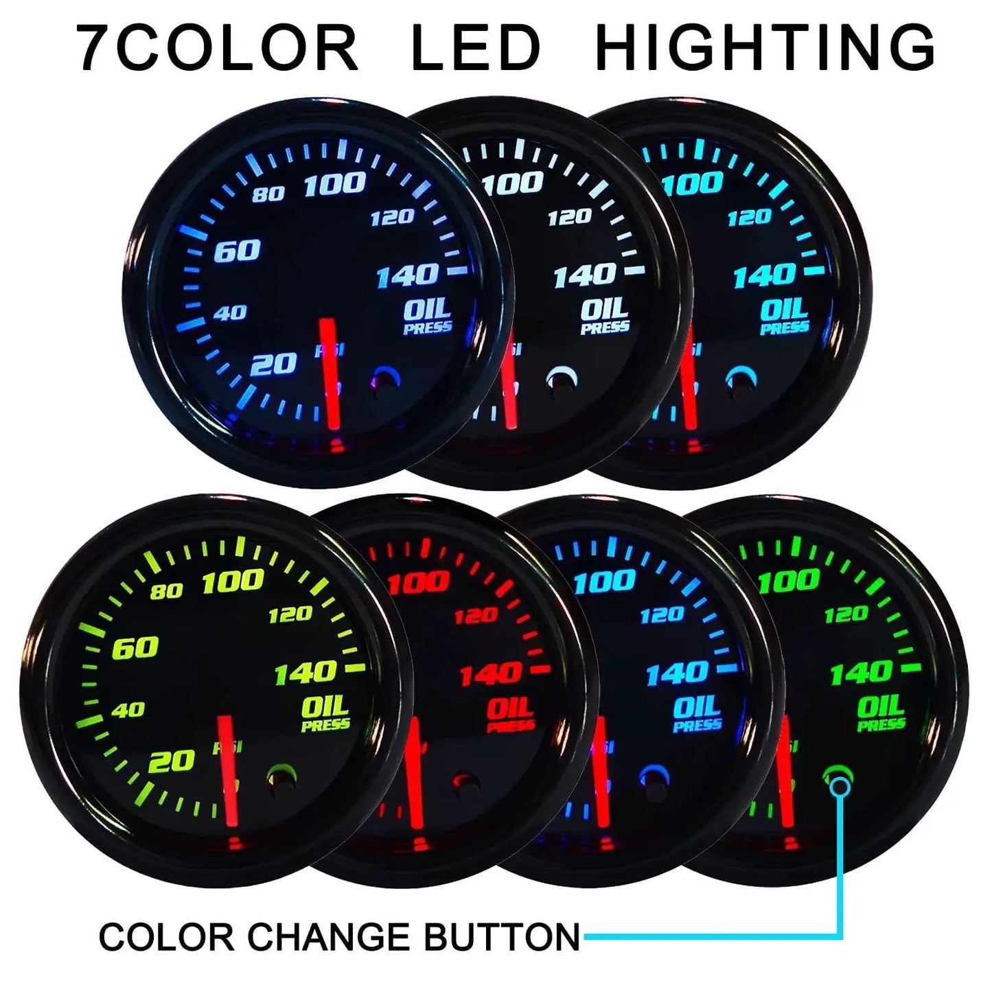 Oil Pressure Gauge Kit For Cars And Trucks 0 To 140 PSI 52 Millimeter Dial Seven Color Glow Display