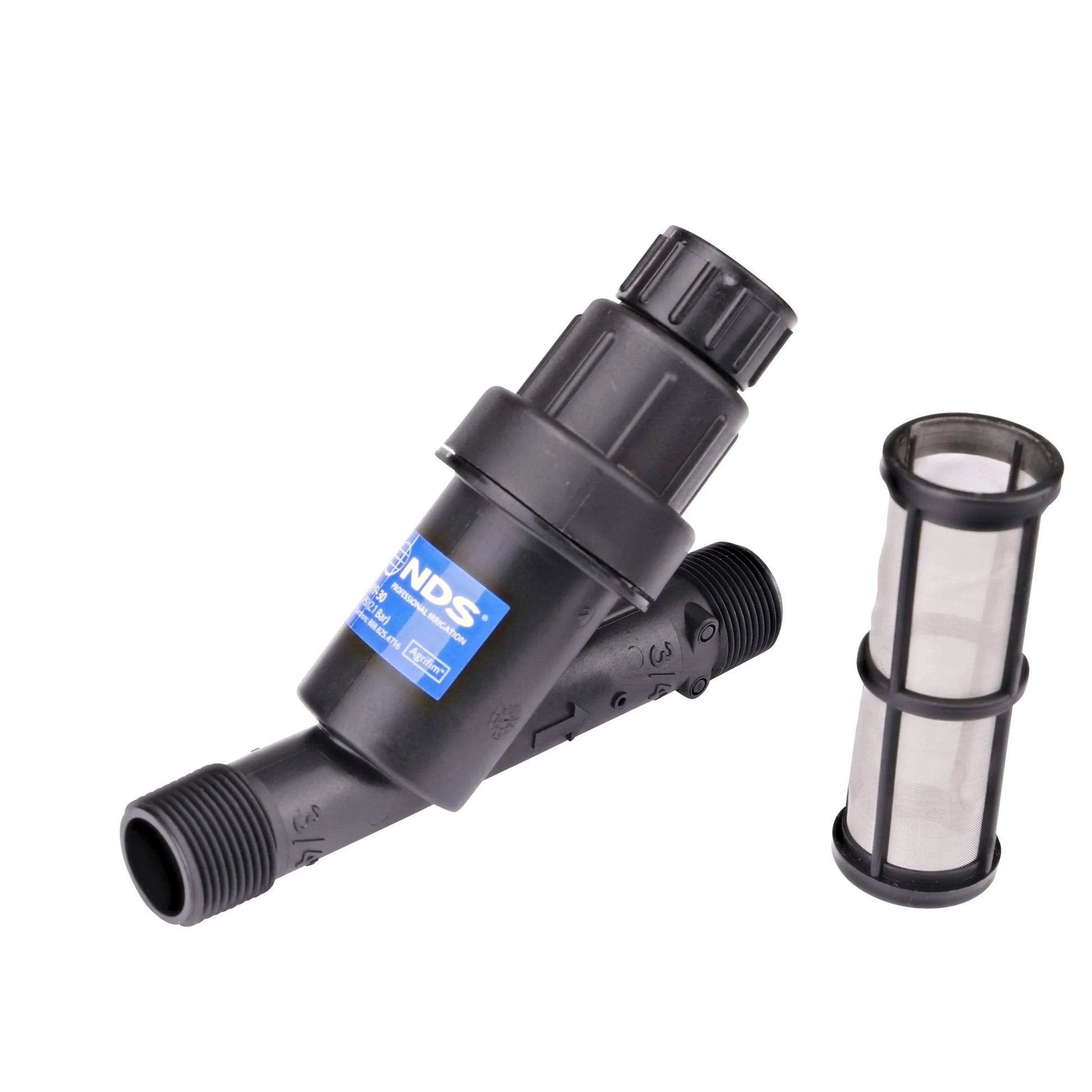 Pressure Regulating Y Filter For Drip Irrigation Systems 3/4 Inch MPT To 3/4 Inch MPT, 0.2 To 5 GPM Flow Range, 30 PSI, 200 Mesh, Black, NDS PRYF 30 For Filtering Debris And Protecting Emitters In Low Pressure Drip Setups