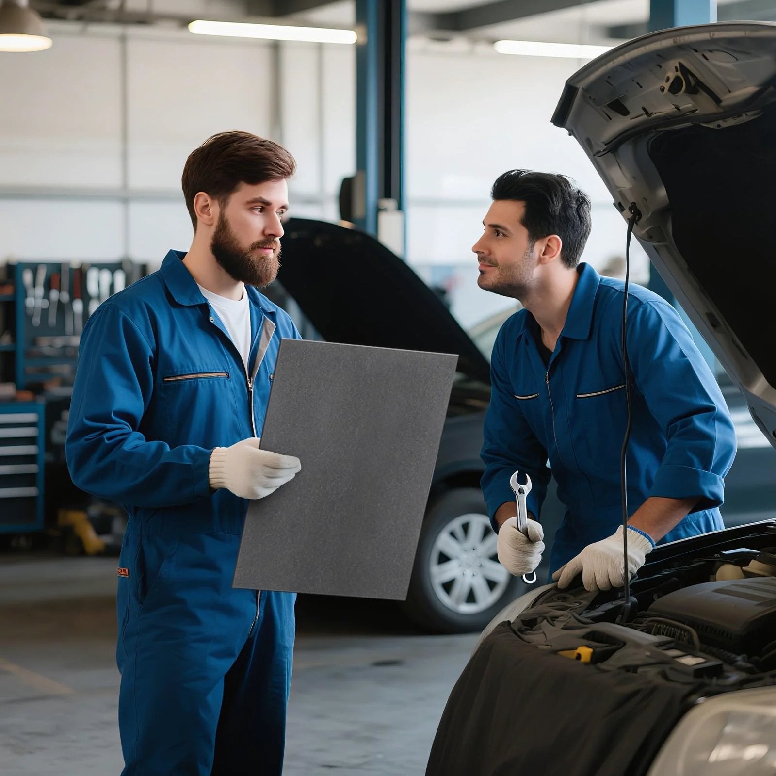 Two mechanics holding 9-Piece Non Asbestos Gasket Paper Sheet Set Pro Grade 15 x 11.8 Inches High Temperature Gasket Material in a workshop