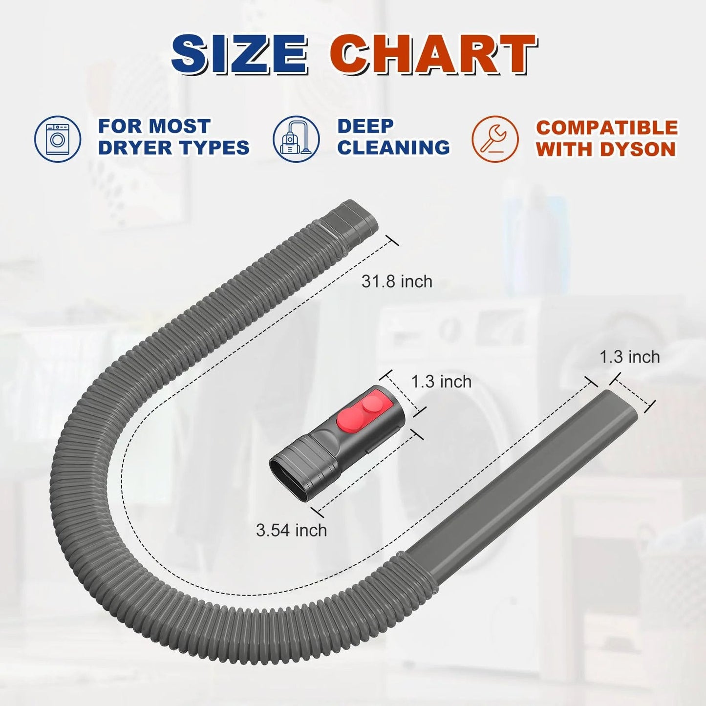 Size chart of Dryer Vent Cleaning Kit For Dyson Cordless Vacuums Lint Removal Attachment Deep Cleaning Adapter showing dimensions.
