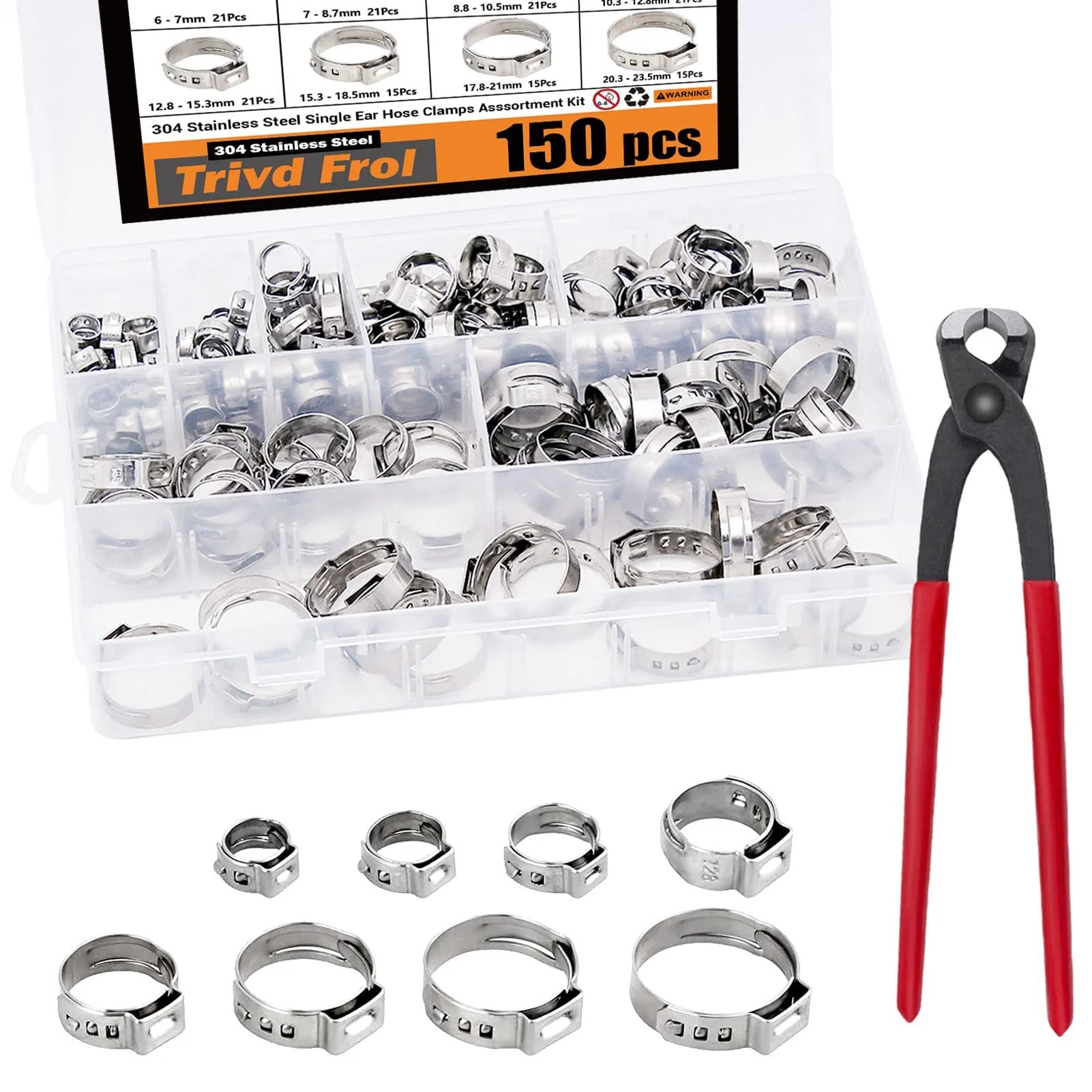 Heavy Duty 150 Pcs 304 Stainless Steel Single Ear Hose Clamp Kit With Ear Clamp Pincer, visible clamps and tool