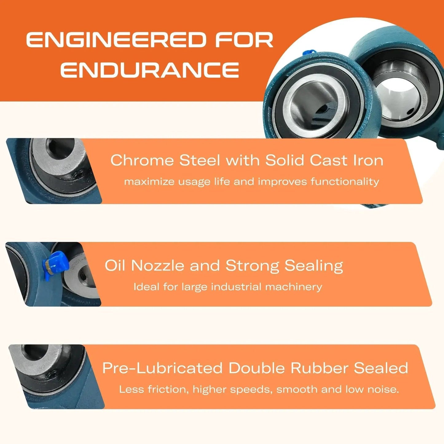 Two Pack UCP205 16 Chrome Steel Pillow Block Bearings With One Inch Bore Mounted Bearings Built Tough Cast Iron Housing ISO 9001 2015 Certified Premium German Design For Industrial Machinery Long Life, showcasing chrome steel, oil nozzle, and pre-lubrication with rubber seal features.