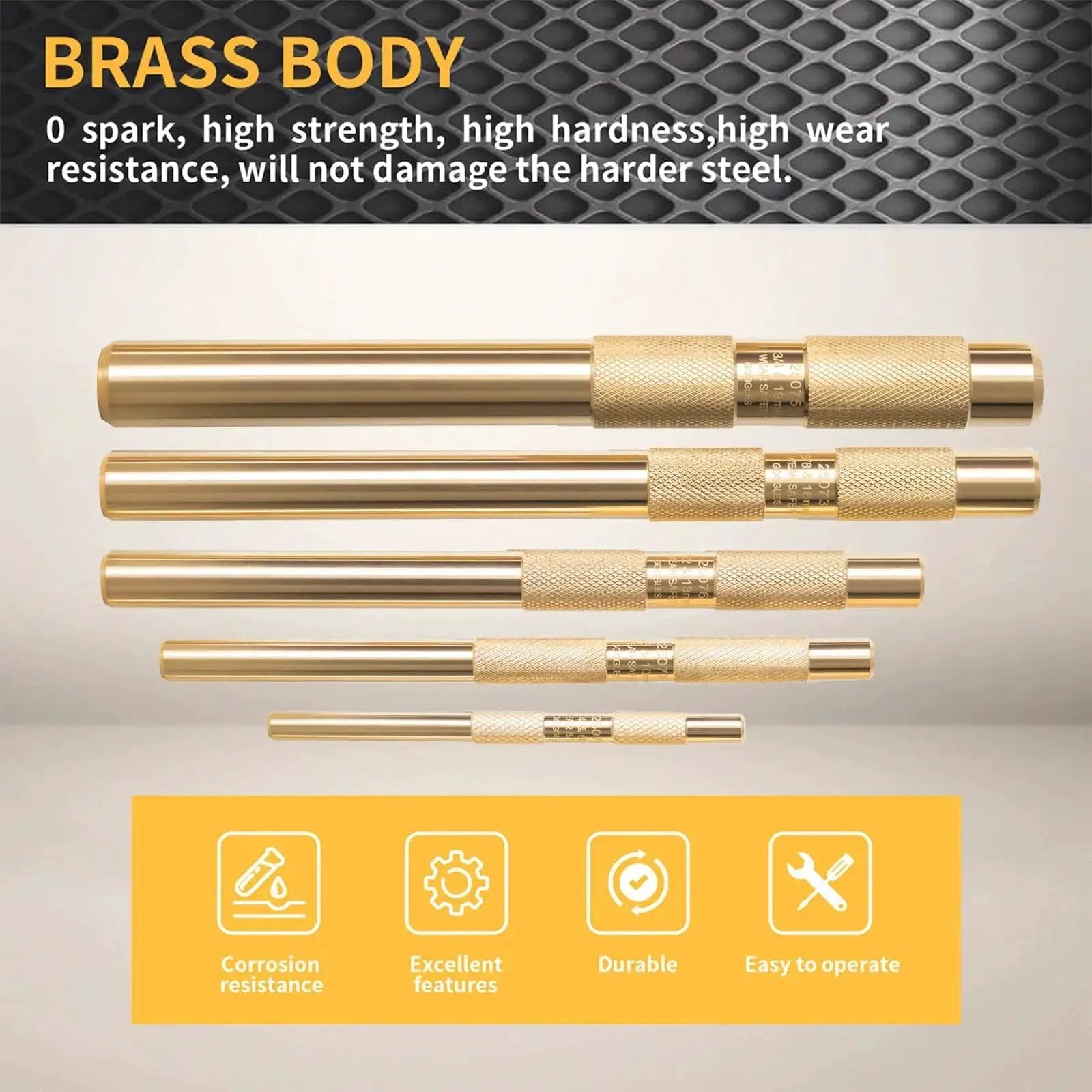 Image showcasing Five Piece Brass Punch Set For Non Marring Removal And Repair With Pins In One Quarter, Three Eighths, One Half, Five Eighths And Three Quarters Inch Pins.