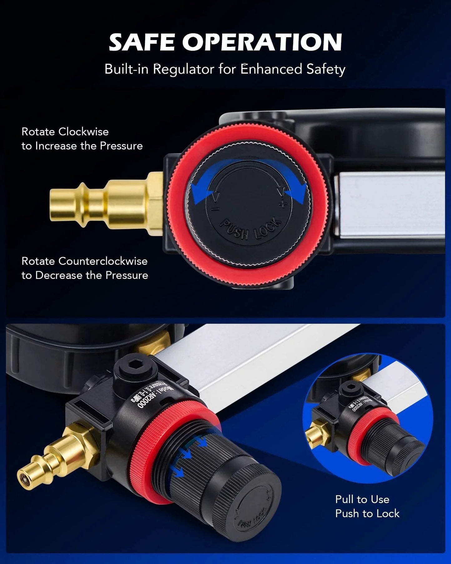 Close-up of Leak Down Tester Kit For Auto Engines with built-in regulator, showing valve and pressure adjustment instructions.