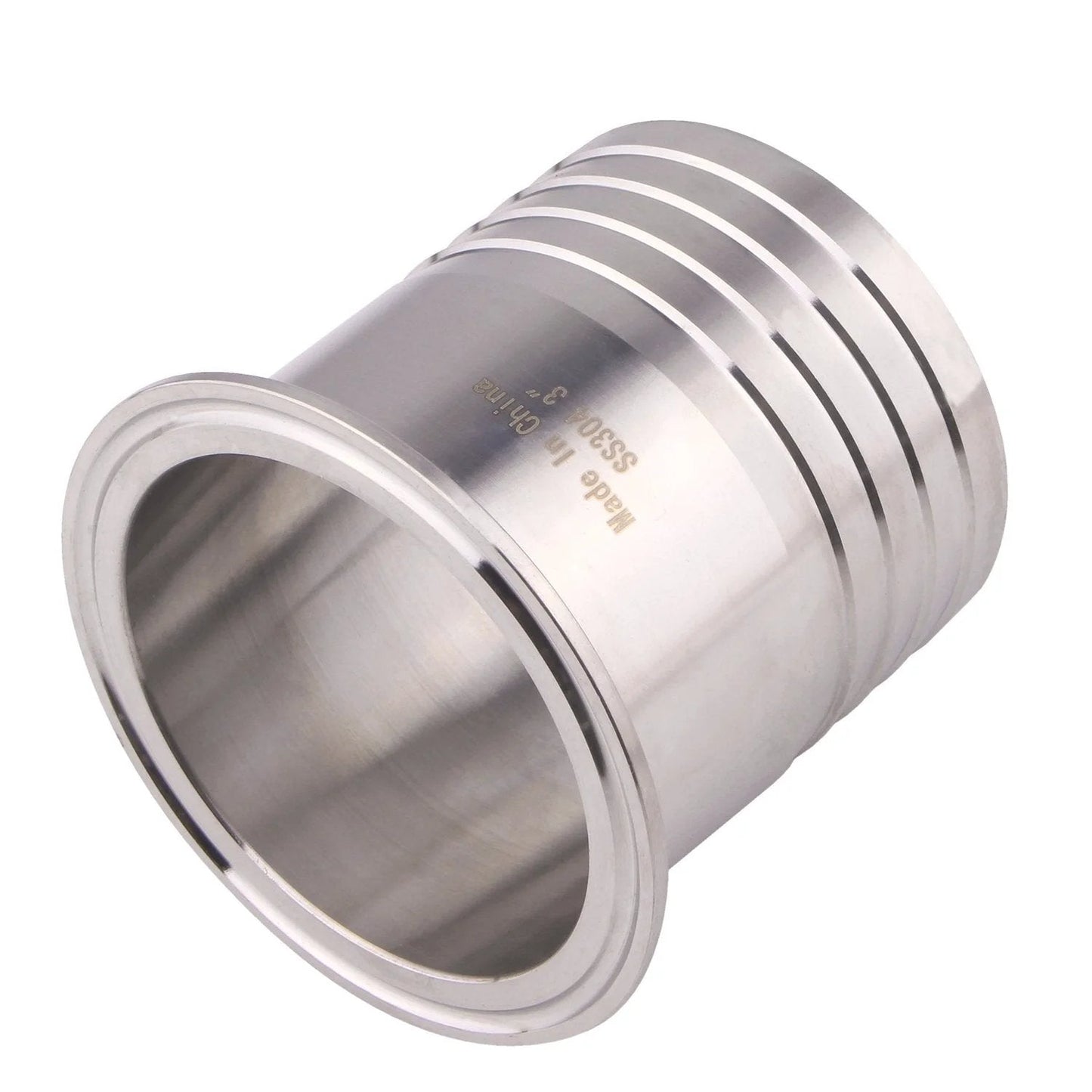 Side view of Three Inch Tri Clamp To Three Inch Hose Barbed Adapter SUS304 Stainless Sanitary Hose Pipe Fitting for Rubber Hoses and TPU or Plastic Hoses.