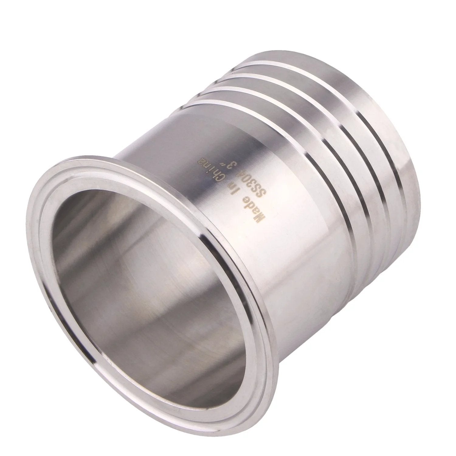 Side view of Three Inch Tri Clamp To Three Inch Hose Barbed Adapter SUS304 Stainless Sanitary Hose Pipe Fitting for Rubber Hoses and TPU or Plastic Hoses.