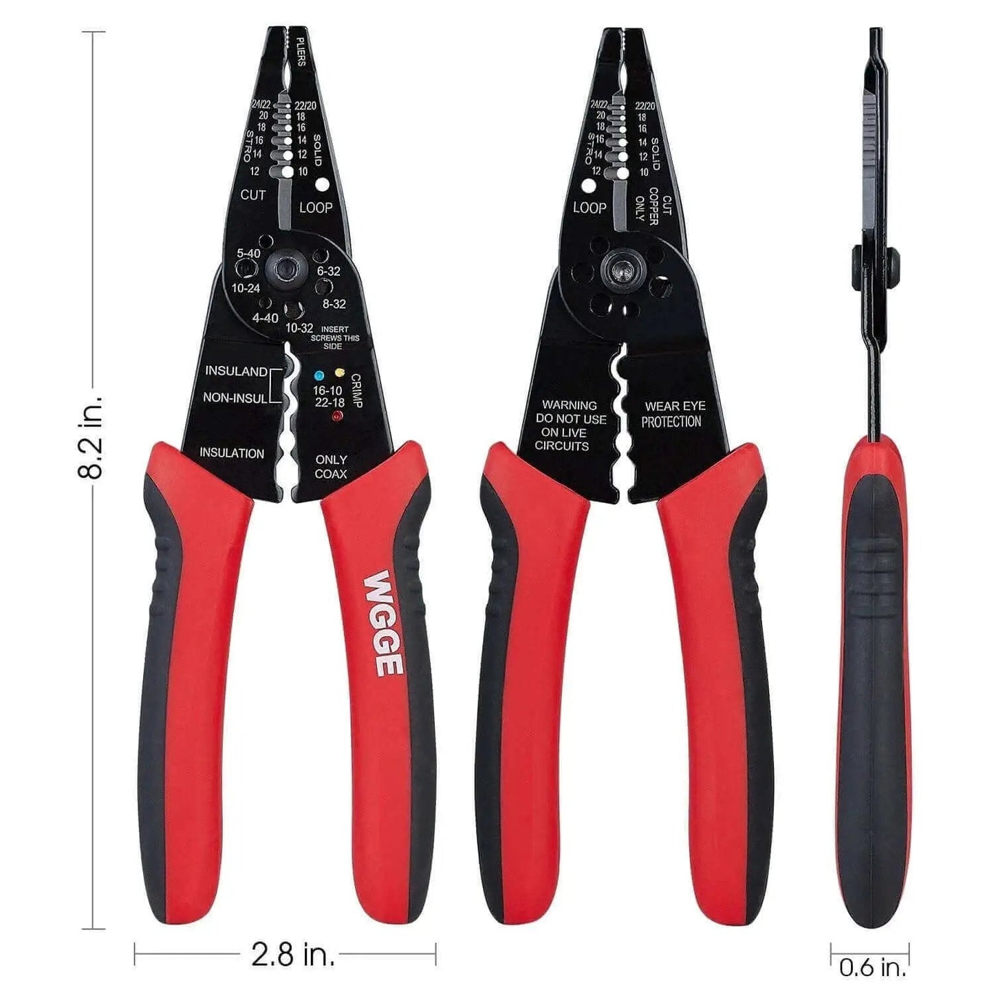 8 Inch Professional Wire Stripper and Crimping Tool for 10 to 22 AWG Solid Copper and Aluminum Cable, front and side view