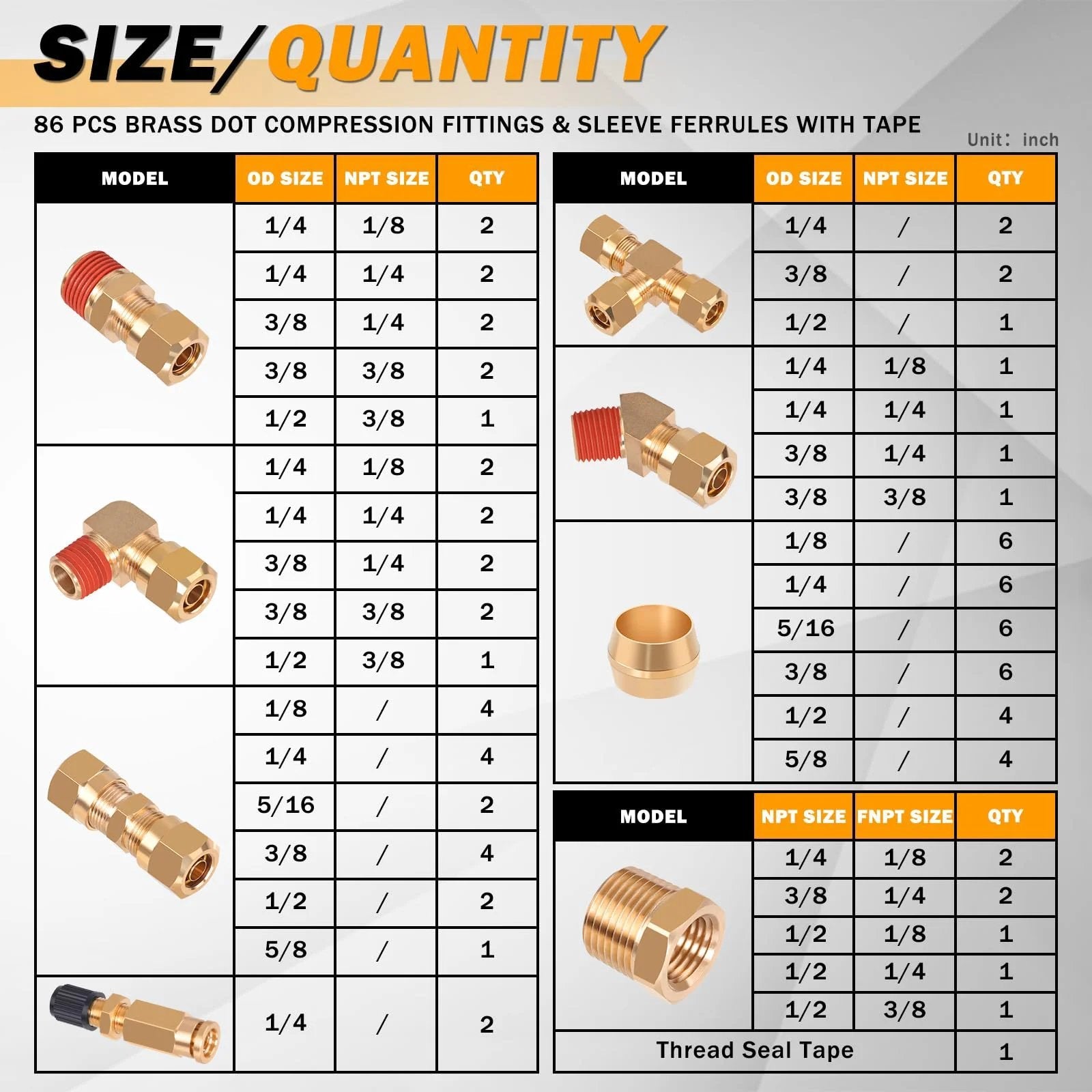 Heavy Duty Brass DOT Air Brake Fittings Kit, 86 Pieces, Compression Adapters With Size Chart