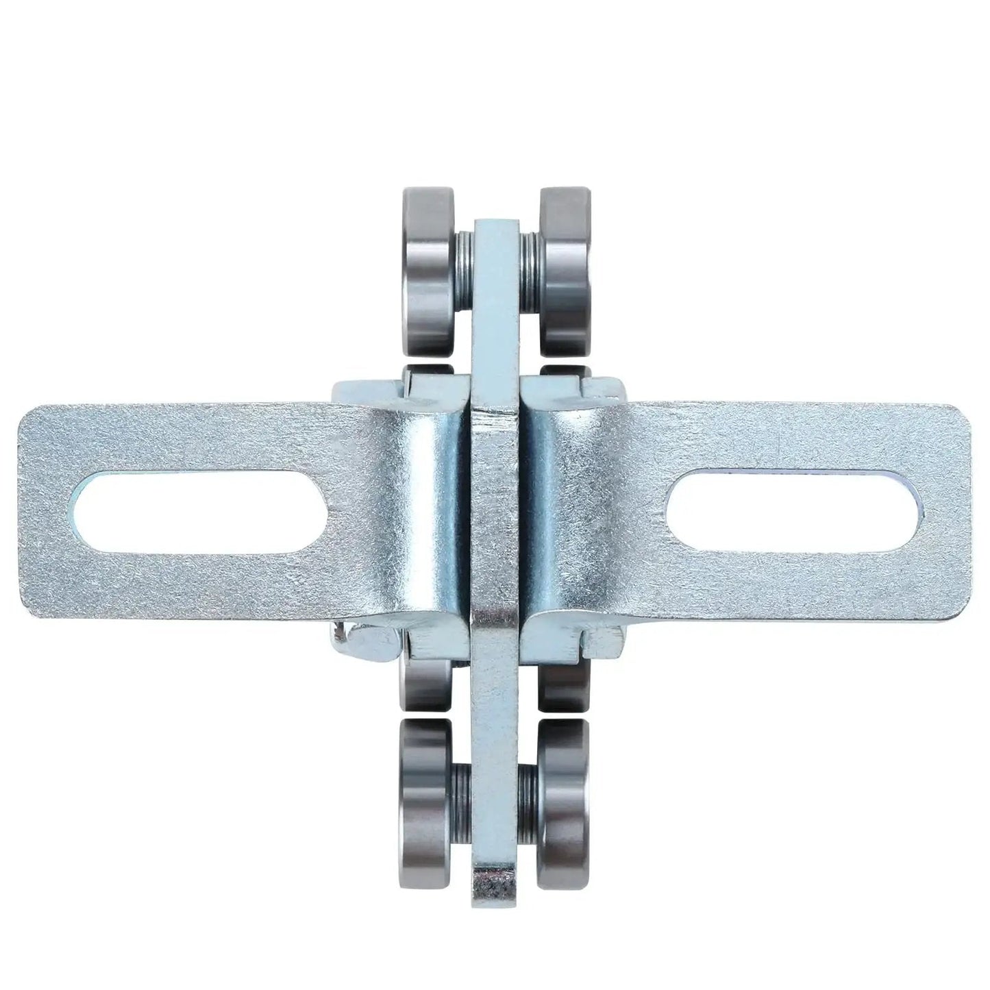 Top view of Electric Hoist Trolley Assembly with 8 wheel rollers for garage hoist systems, compatible with 1-5/8 inch wide strut channel.