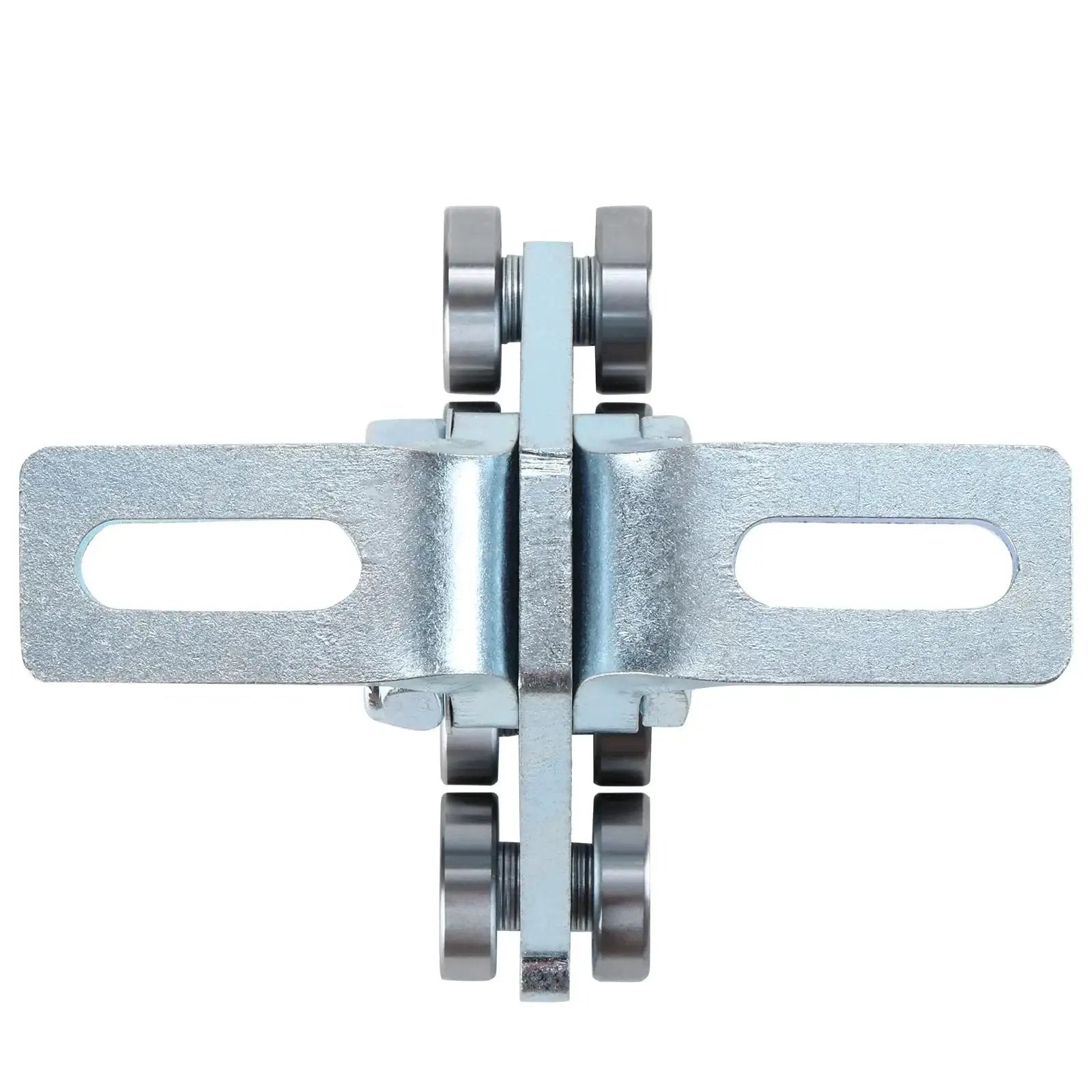 Top view of Electric Hoist Trolley Assembly with 8 wheel rollers for garage hoist systems, compatible with 1-5/8 inch wide strut channel.