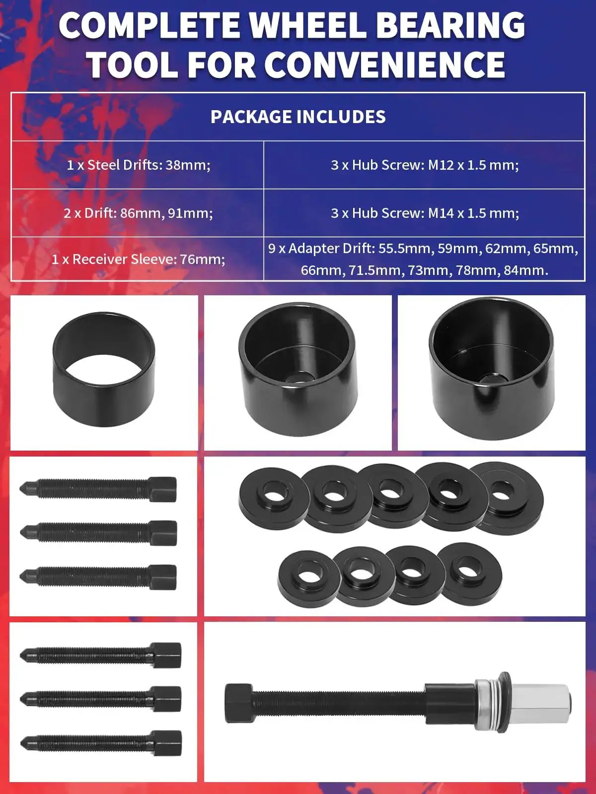 Front Wheel Drive Wheel Bearing Removal And Installation Kit 19-Piece Set with various drift sizes and components displayed