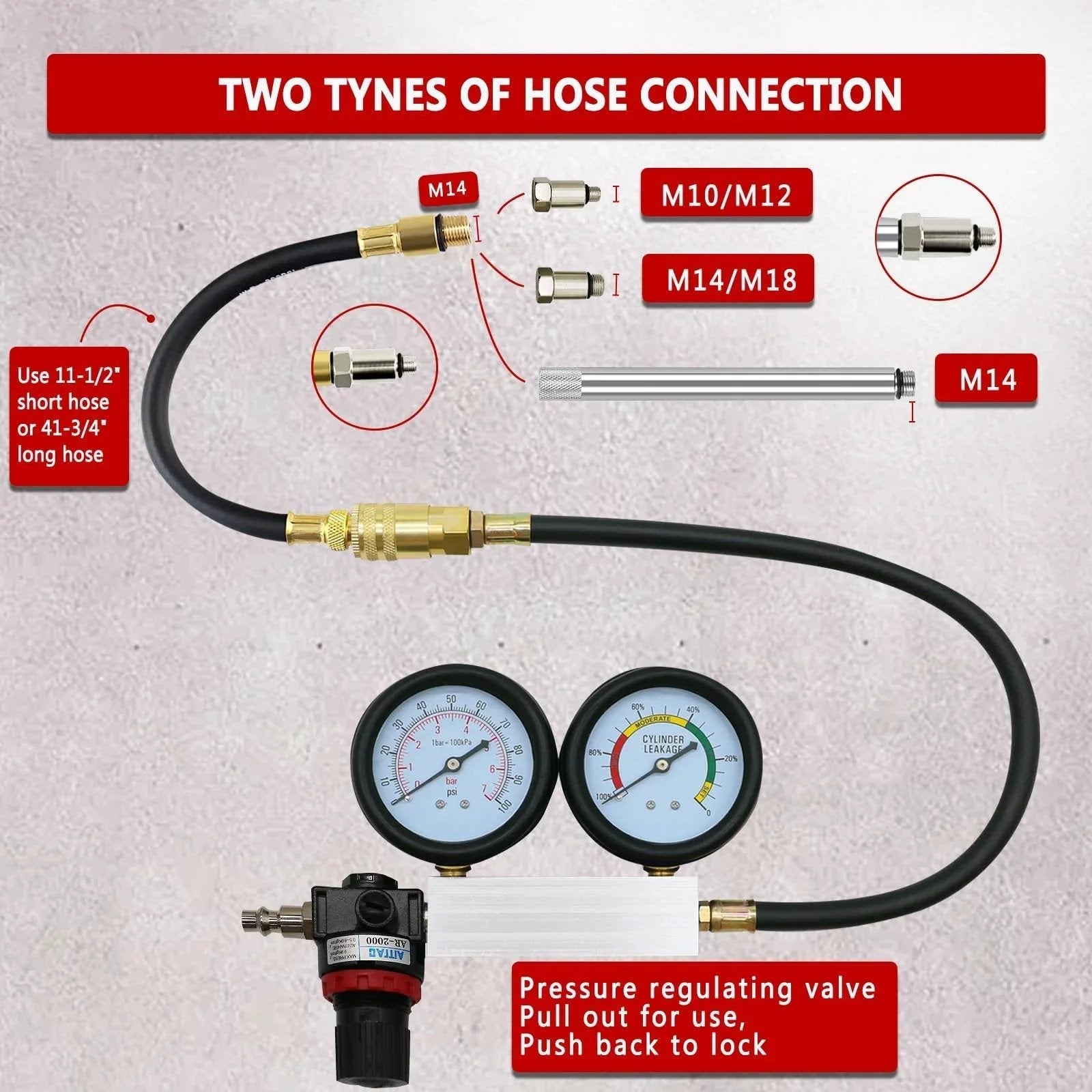 Cylinder Leak Down Tester Kit For Automotive Engine Diagnosis And Compression Testing, Leakage Detector Tool Set With Pressure Gauges To Locate Piston Ring Wear, Cylinder Head Cracks, Valve Wear And Seals, Light Red TU-21 with hose connections and pressure gauges shown.