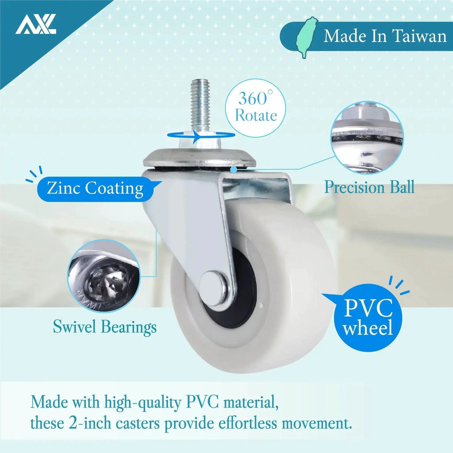 M8x15mm Threaded Stem Caster Wheels 2 Inch Heavy Duty Swivel Casters With Brakes Pack Of 4 Made in Taiwan with PVC Wheels