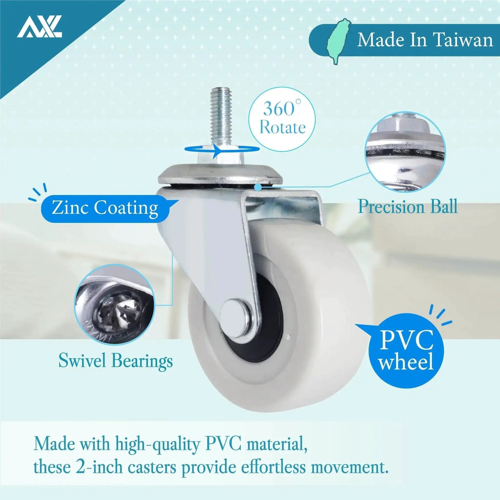 M8x15mm Threaded Stem Caster Wheels 2 Inch Heavy Duty Swivel Casters With Brakes Pack Of 4 Made in Taiwan with PVC Wheels