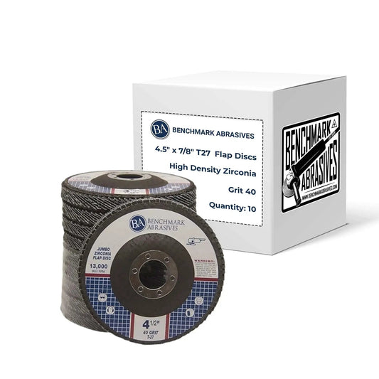 Premium Pro Grade High Density Jumbo Zirconia Type 27 Flap Discs For Angle Grinder 4.5 Inch Diameter With 7 Eighths Inch Arbor 40 Grit 10 Pack For Finishing Blending Deburring And Rust Removal Benchmark Abrasives pictured with packaging