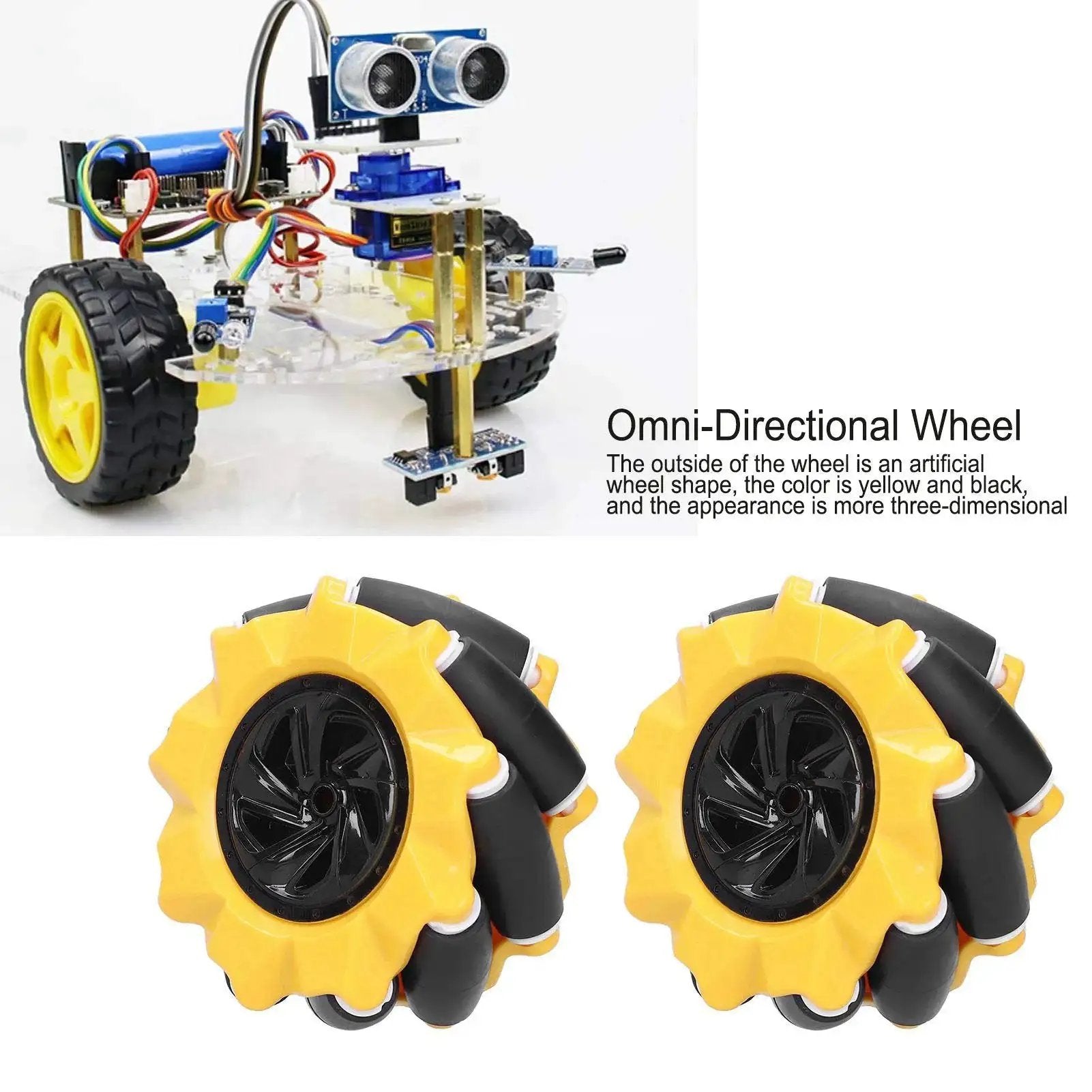 80mm Mecanum Wheel Omnidirectional Robot Car Parts For DIY Projects Two Pack with yellow and black design shown with model robot