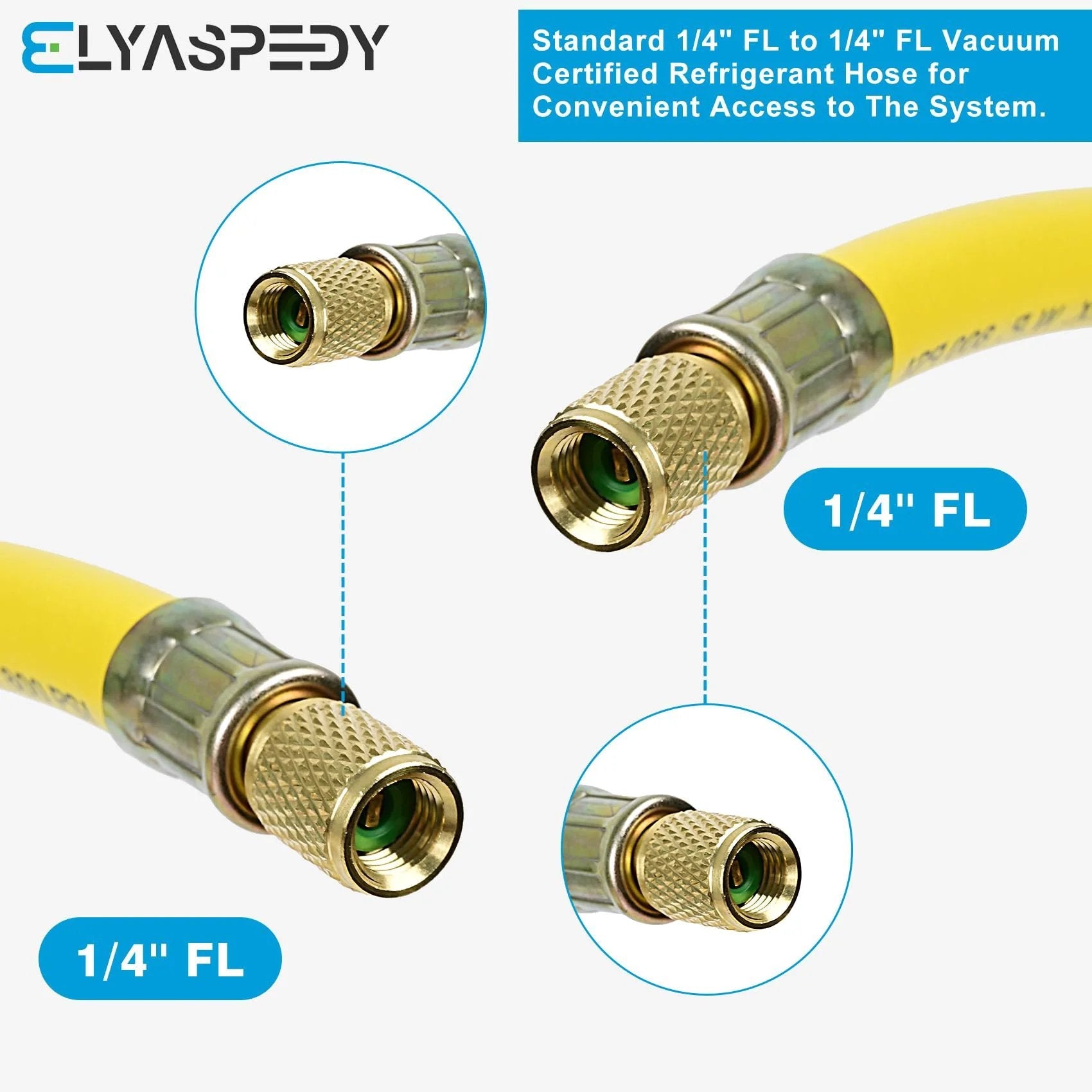 Upgrade Three Eighths Inch Refrigerant Hose With One Quarter Inch Flare Fittings Vacuum Certified Six Feet Long 800 PSI Working Pressure For R410A And All Common Refrigerants Yellow
