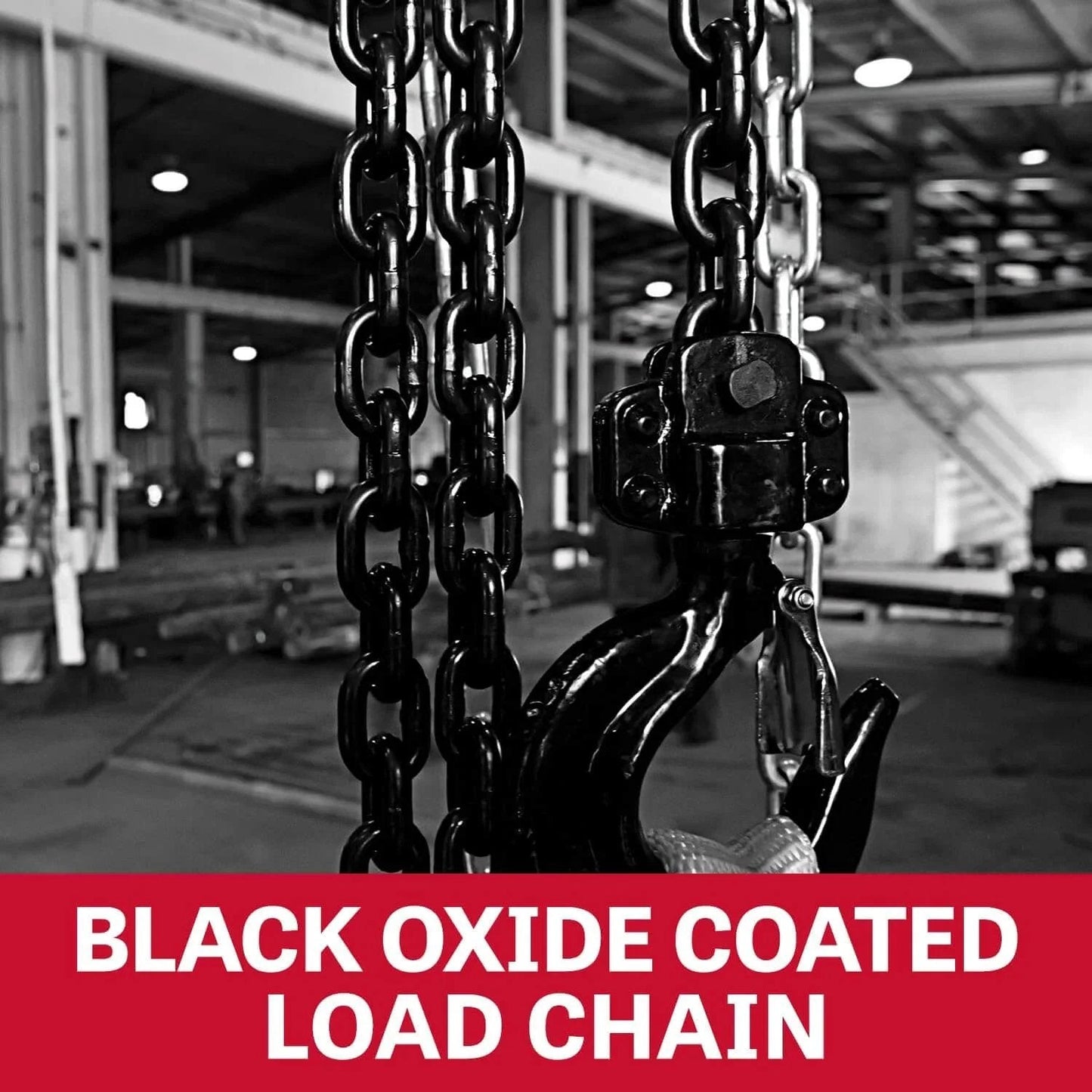 Black oxide coated chain of Three Quarter Ton Lever Hoist With 10 Ft Lift JLP-075A-10 Weston-Style Double Pawl Brake in warehouse