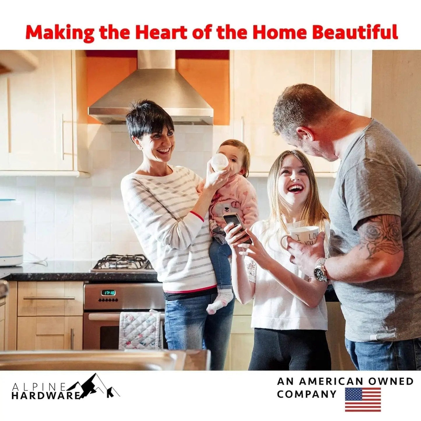 Family enjoying time in a modern kitchen with cabinets featuring Solid Stainless Steel Euro Bar Cabinet Handle Drawer Pulls in oil rubbed bronze finish.