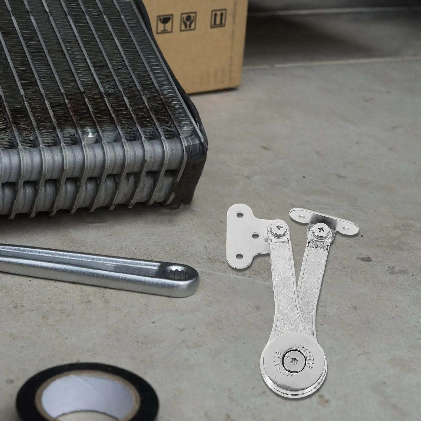 Soft Close Cabinet Door Hinges With Lift Stay Support And Hydraulic Damper, 2 Pack, metal hinge displayed with tools.