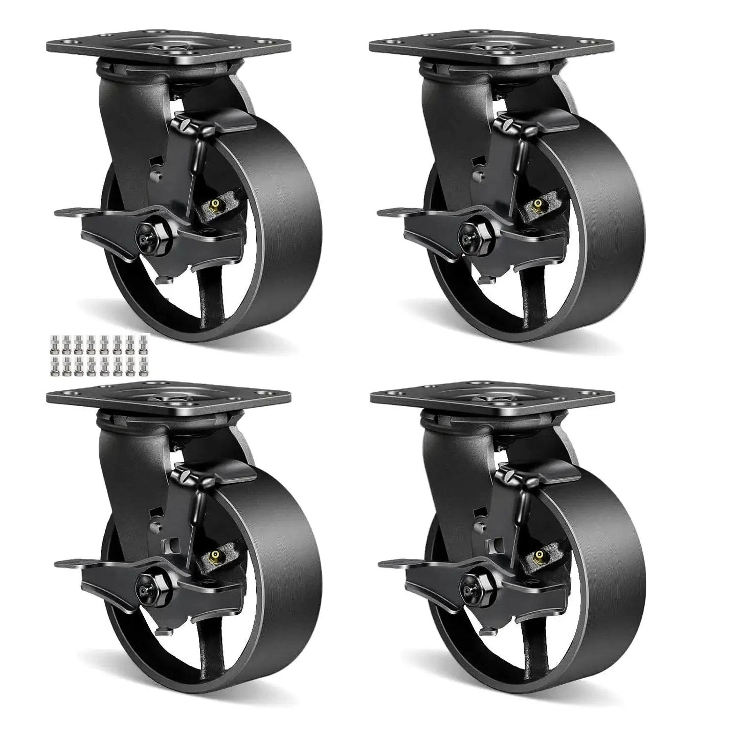 Heavy Duty Cast Iron And Steel Caster Wheels Set Of 4 With Rigid Brackets And Four Brakes For Furniture Workbench Tool Box Equipment
