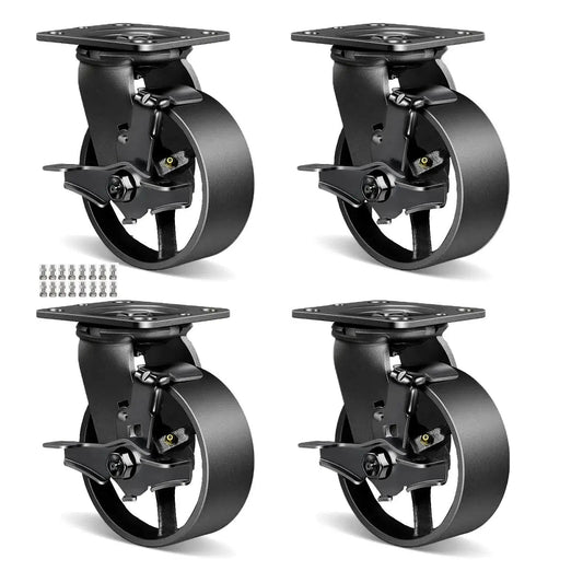Heavy Duty Cast Iron And Steel Caster Wheels Set Of 4 With Rigid Brackets And Four Brakes For Furniture Workbench Tool Box Equipment