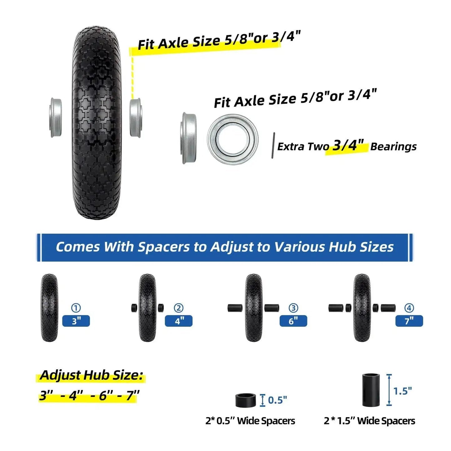 16 Inch Flat Free Solid Tire And Wheel For Wheelbarrows And Carts Size 4.80 4.00 8 showing adjustable hub spacers and axle size fit