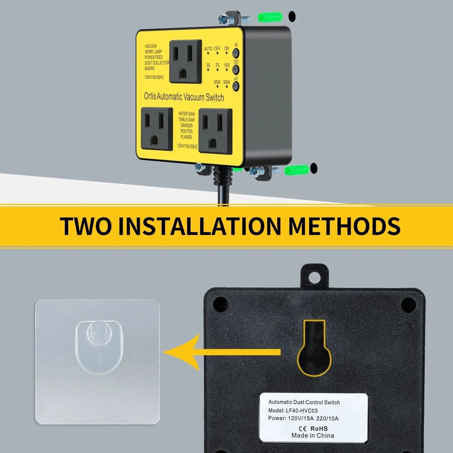 Automatic Vacuum Switch With Extra Outlet For More Power Tools No More Cord Clutter Ortis Dust Control Autoswitch with yellow label