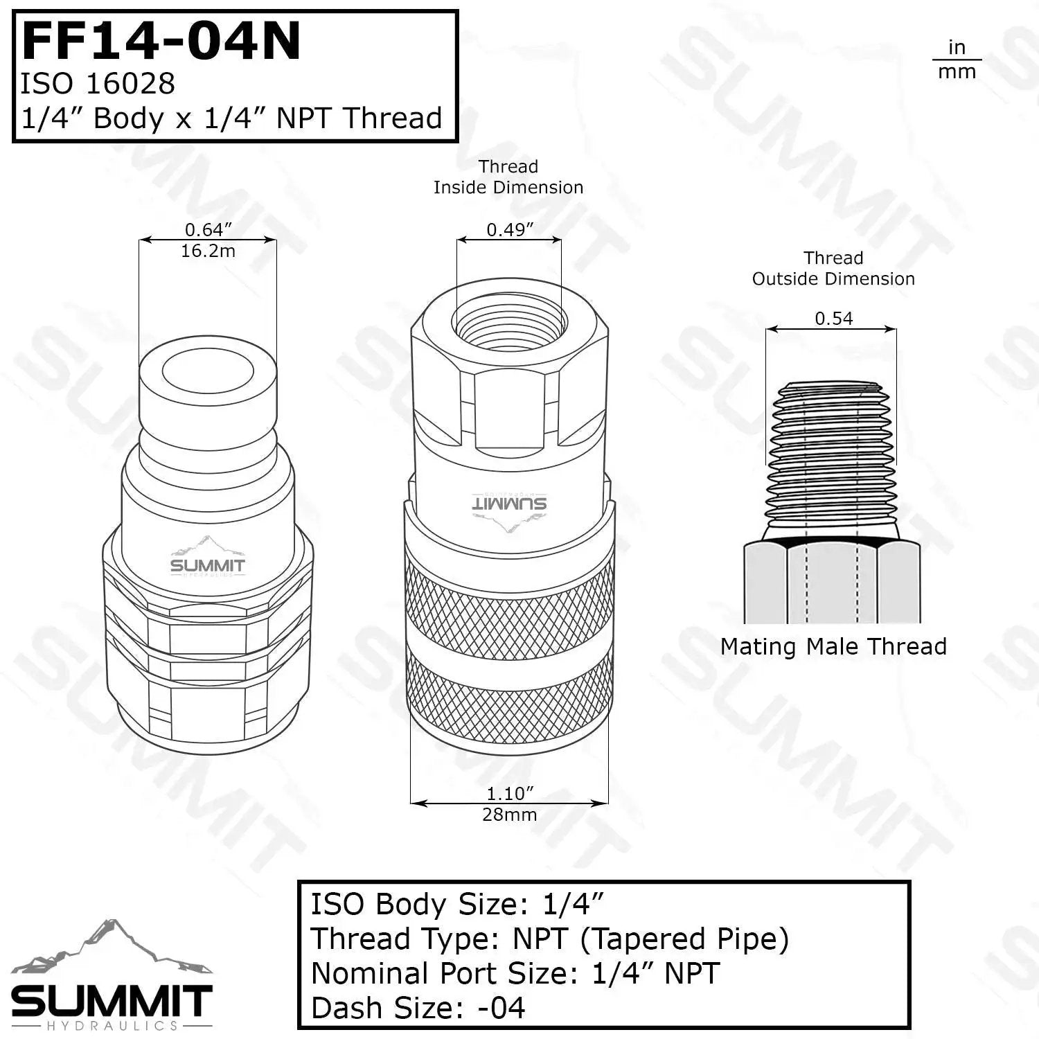 Diagram of Flat Face 1/4 Inch NPT Hydraulic Quick Connect Couplers Set With Dust Caps Built For Tough Use And Long Life ISO 16028 Interchangeability Summit Hydraulics 1/4 Inch Body Quick Disconnect, showcasing dimensions and thread design.