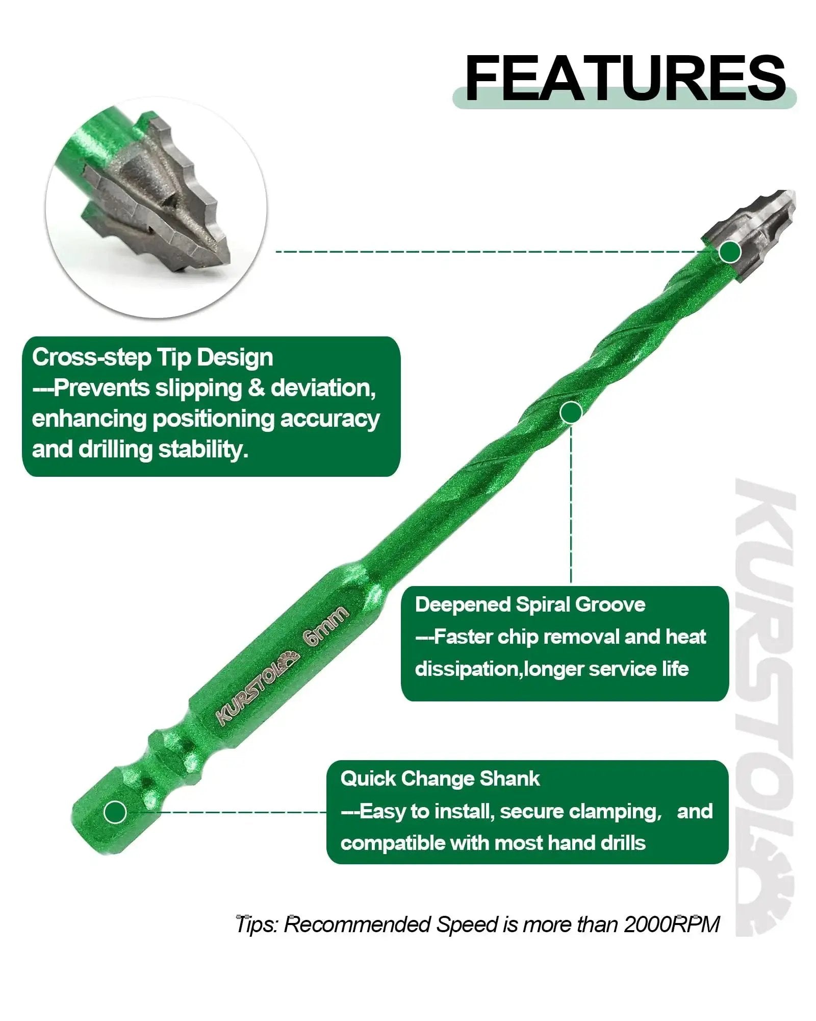 Carbide Tipped Masonry Drill Bit Set 10-Piece With Quick Fit Hex Shank In 1/4 Inch, 5/16 Inch, 3/8 Inch And 1/2 Inch shown with features.
