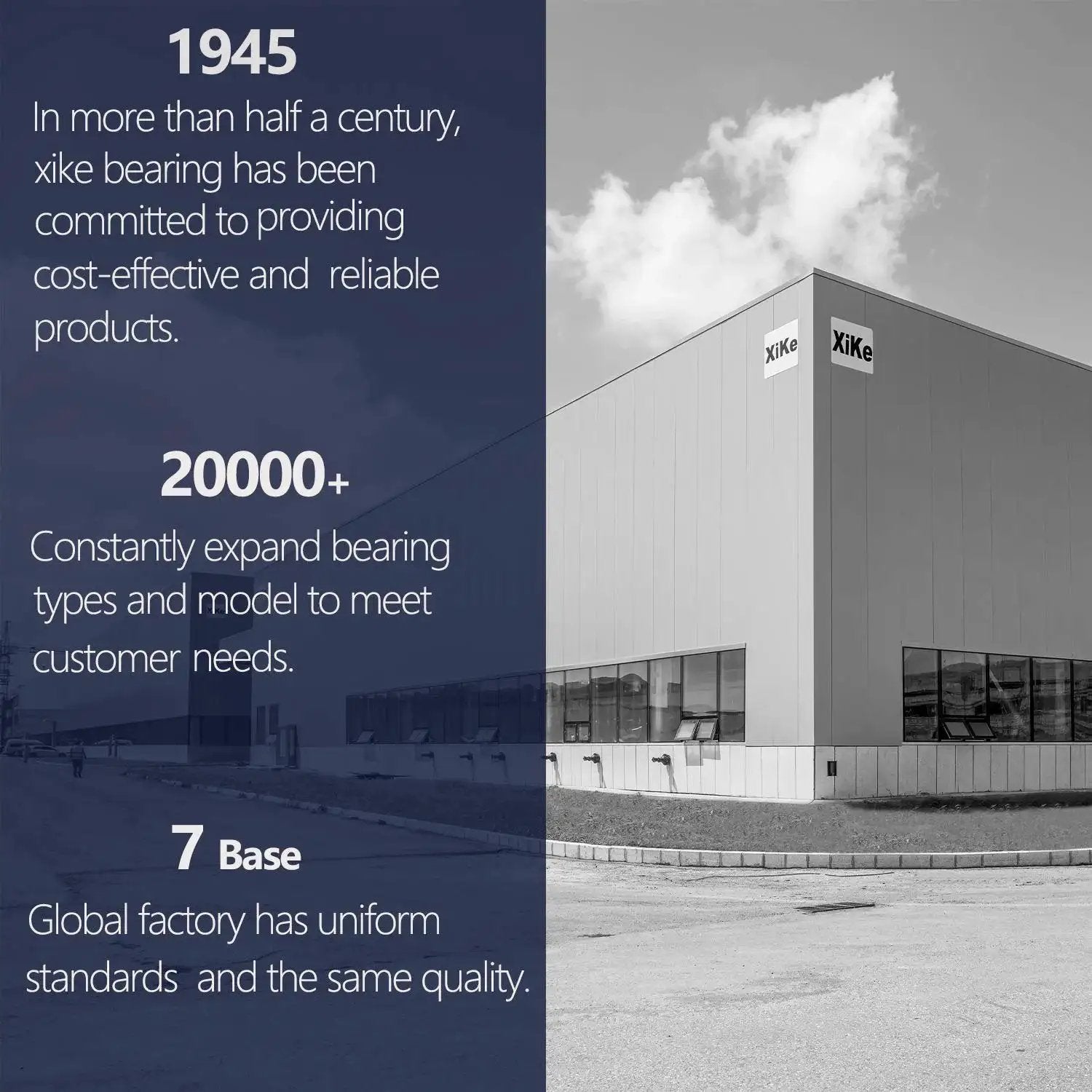 XiKe factory building exterior with text highlights company history and global base standards.