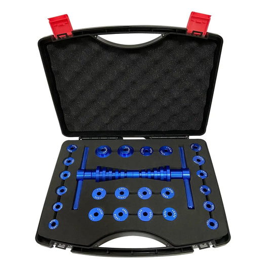 25 Piece Bicycle Bearing Press Set For Wheel And Hub Installation CNC Machined 7075 Aluminum Alloy in carrying case.