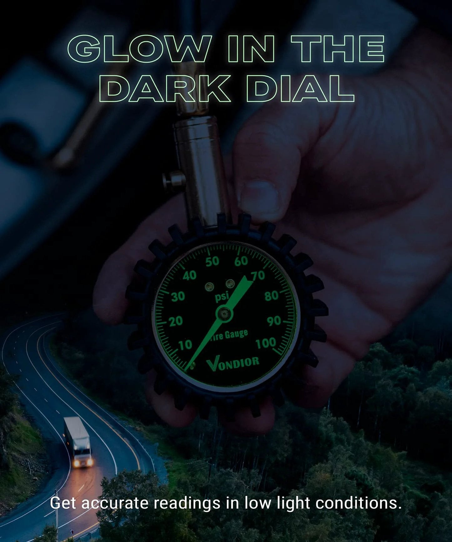 Glow Dial Tire Pressure Gauge 0 to 100 PSI For Cars And Trucks ANSI B40.1 Certified Large 2 Inch Easy Read Gauge High Accuracy