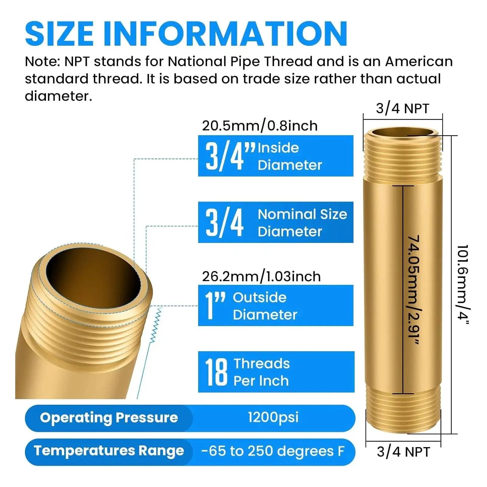 Size details of Long Brass Pipe Fitting Nipple Three Quarter NPT Male to Male Four Inch Extender for Marine Automotive DIY Plumbing.