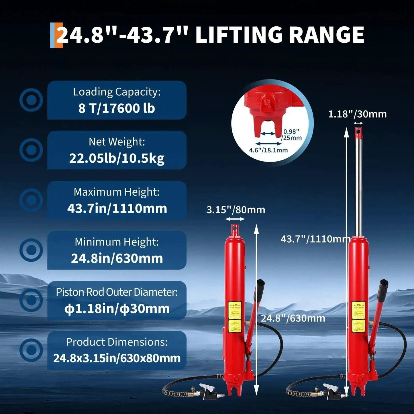 Diagram of 8 Ton Hydraulic Engine Hoist Cylinder with Clevis Base, showing dimensions and specifications for lifts