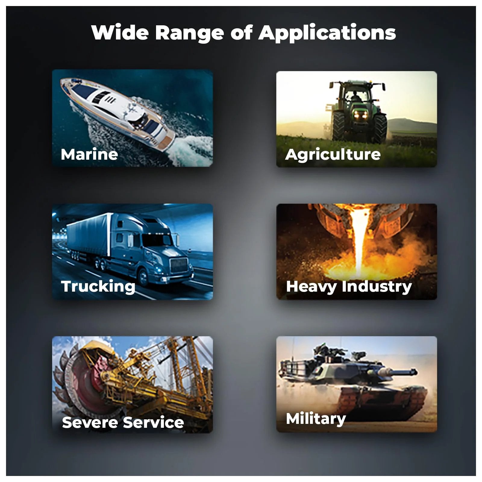 Collage showing applications for Ultra Tacky Lithium Complex Grease NLGI 2 in marine, truck, agriculture, industry, military.