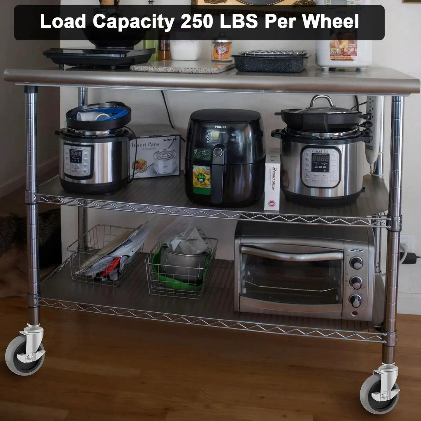 Wire shelf with appliances on four inch caster wheels with locking brakes expanding stem casters, 250 lbs load capacity per wheel.