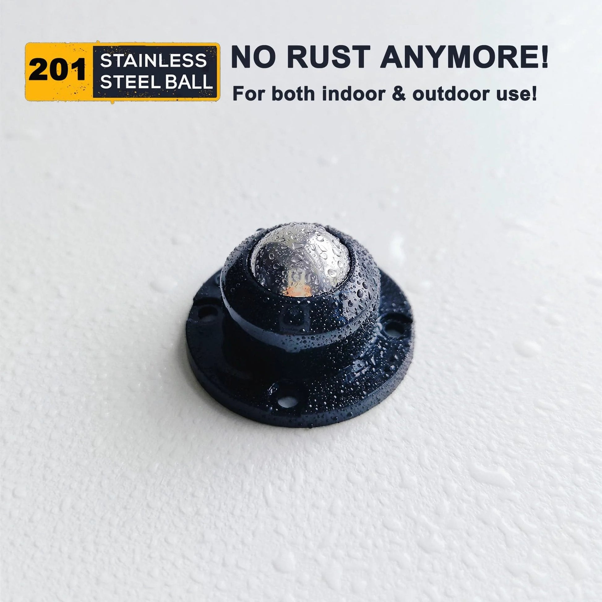Anti Rust Stainless Steel Self Adhesive Caster Wheels Set 8 Pack For Mop Buckets, showing a wet 201 stainless steel ball on a surface.