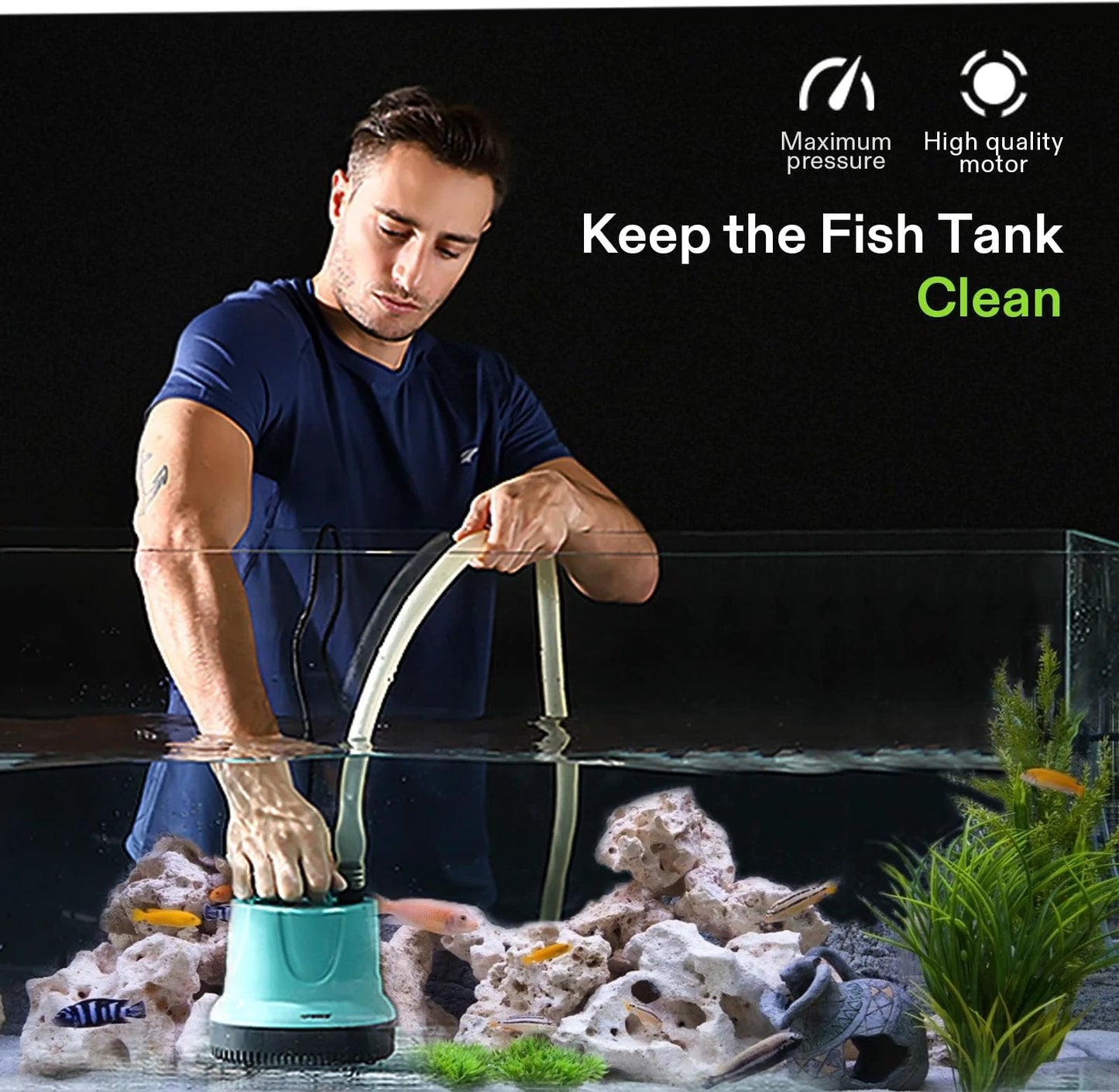 Man using Beefy 660 GPH Submersible Pump For Fish Tanks Ponds Aquariums And Hydroponics With 5 Foot Cord And 4 Nozzles