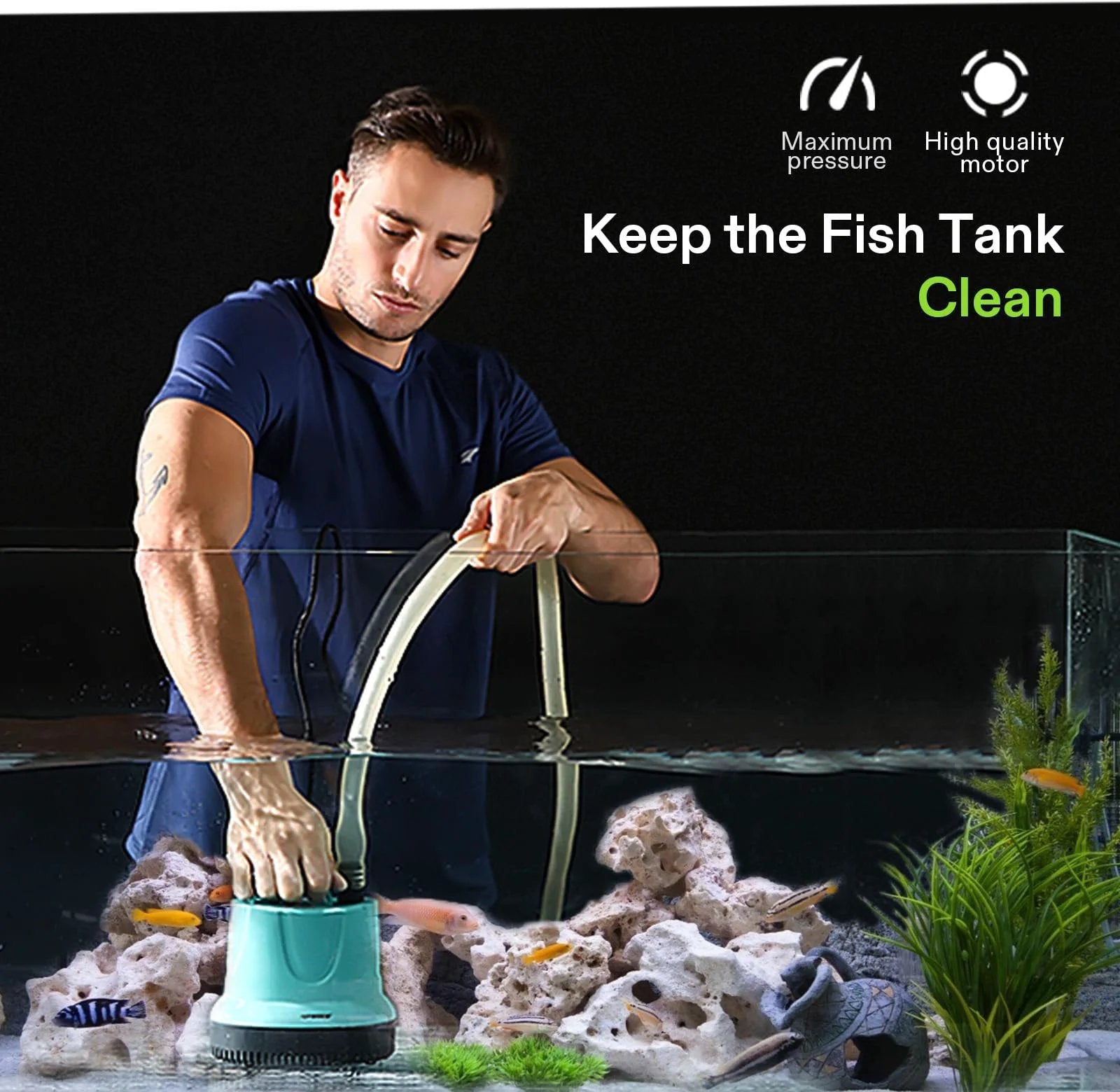 Man using Beefy 660 GPH Submersible Pump For Fish Tanks Ponds Aquariums And Hydroponics With 5 Foot Cord And 4 Nozzles