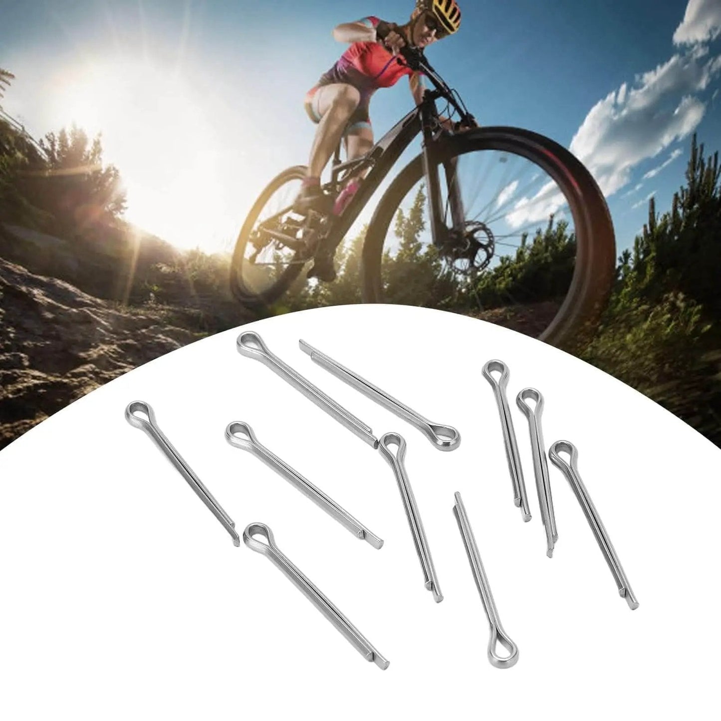 Stainless Steel Cotter Pins For Bike Brake Pads 10 Piece Set heavy duty hairpin clips displayed with a mountain biker
