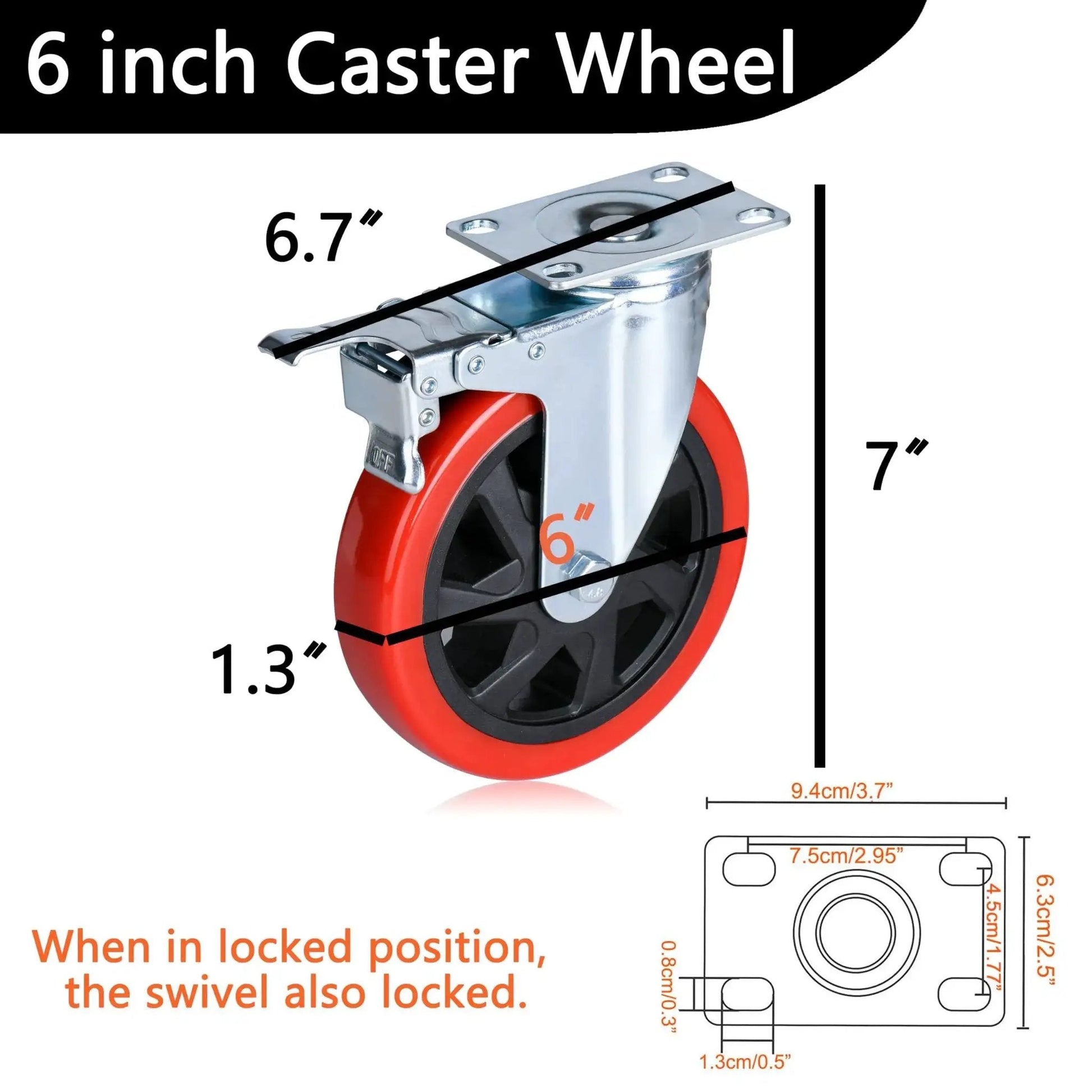 6 Inch Heavy Duty Swivel Caster Wheels Set Of 4 With Brakes And Lockable Bearing Plate Up To 3000 Lbs Per Caster, diagram view