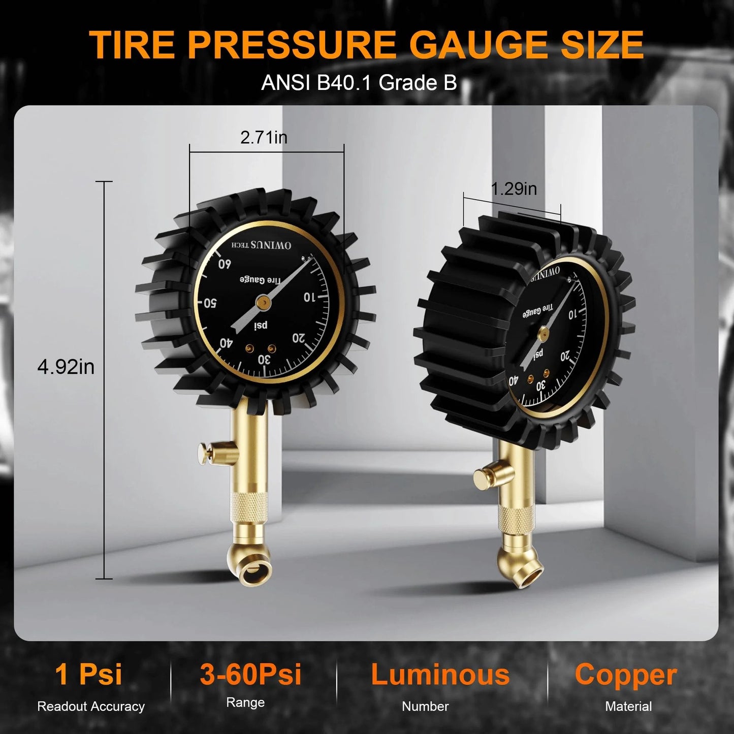 Glowing Dial Tire Pressure Gauge for Cars 60 PSI with Illuminescent 2 Inch Dial and ANSI B40.1 Grade B Accuracy Lightweight 160g Rubber Tire Shaped Exterior 4.92 Inch Length Perfect Gift for Car Enthusiasts and Gearheads, close-up of two gauges showing dimensions and copper fittings.
